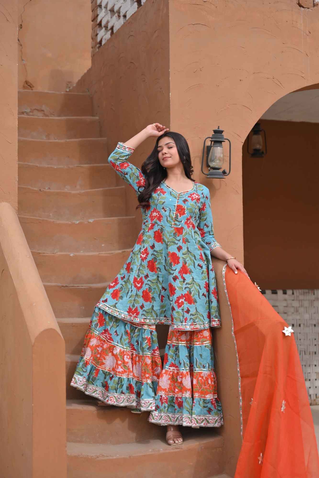 Firozi Papaya Kurti and Flair Sharara Cotton Set with Lace detailing border 3 PIece Set | Made To Order