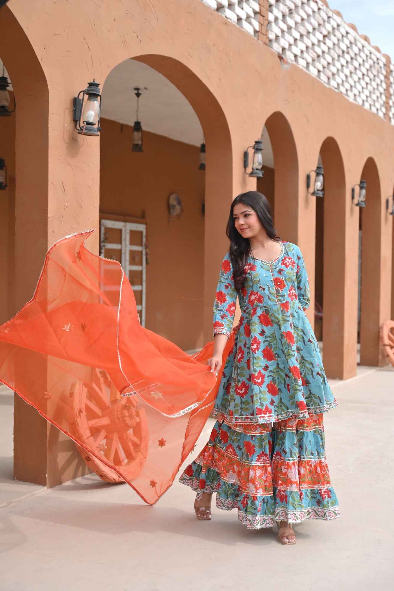 Firozi Papaya Kurti and Flair Sharara Cotton Set with Lace detailing border 3 PIece Set | Made To Order