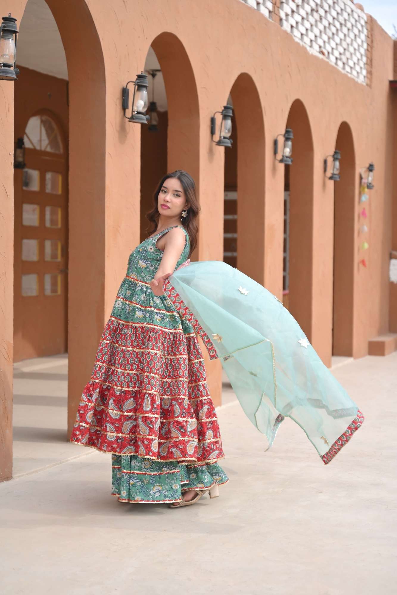 Veda Red Teal Kurta Gharara 3 piece set | Made To Order