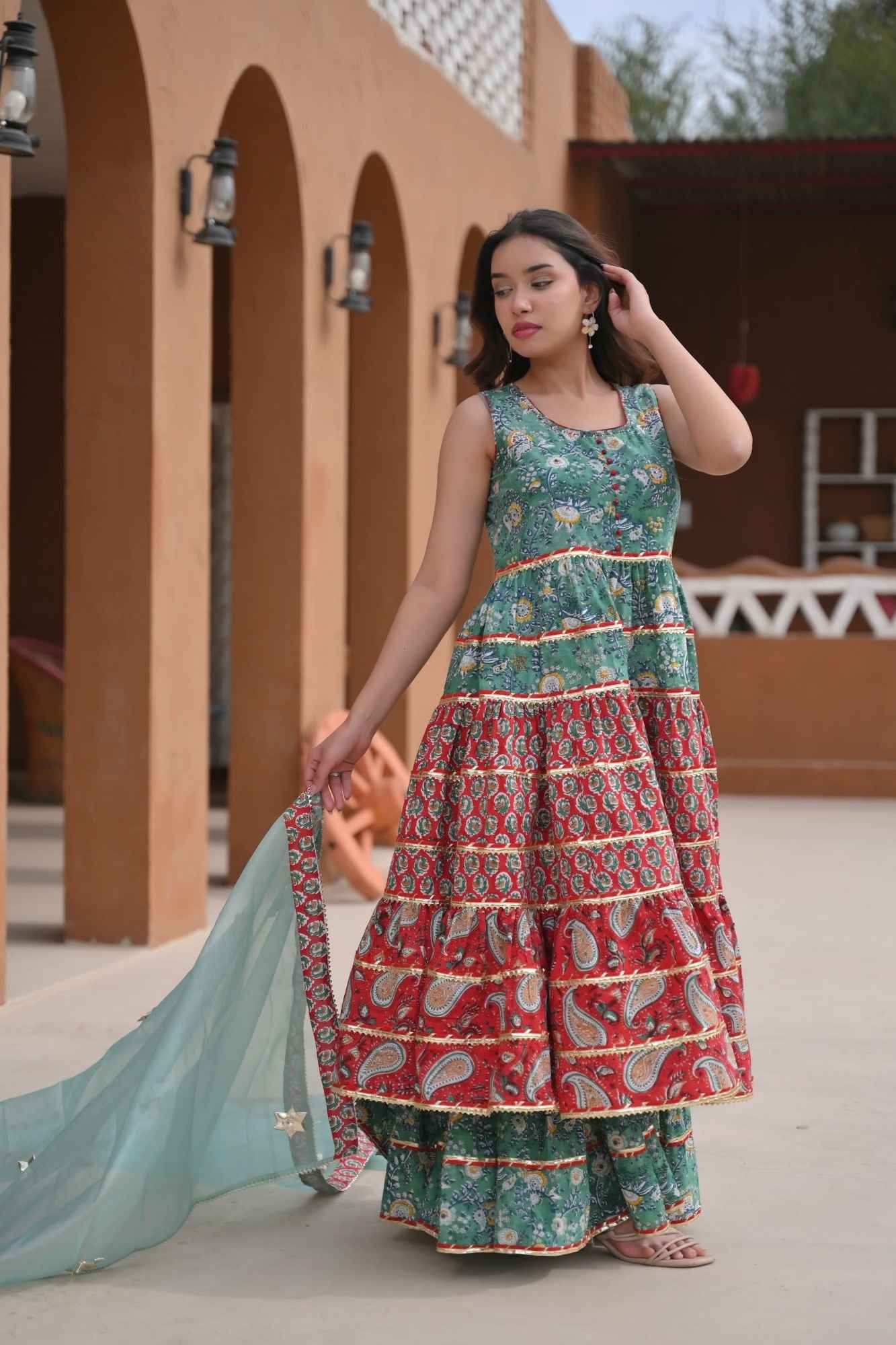 Veda Red Teal Kurta Gharara 3 piece set | Made To Order