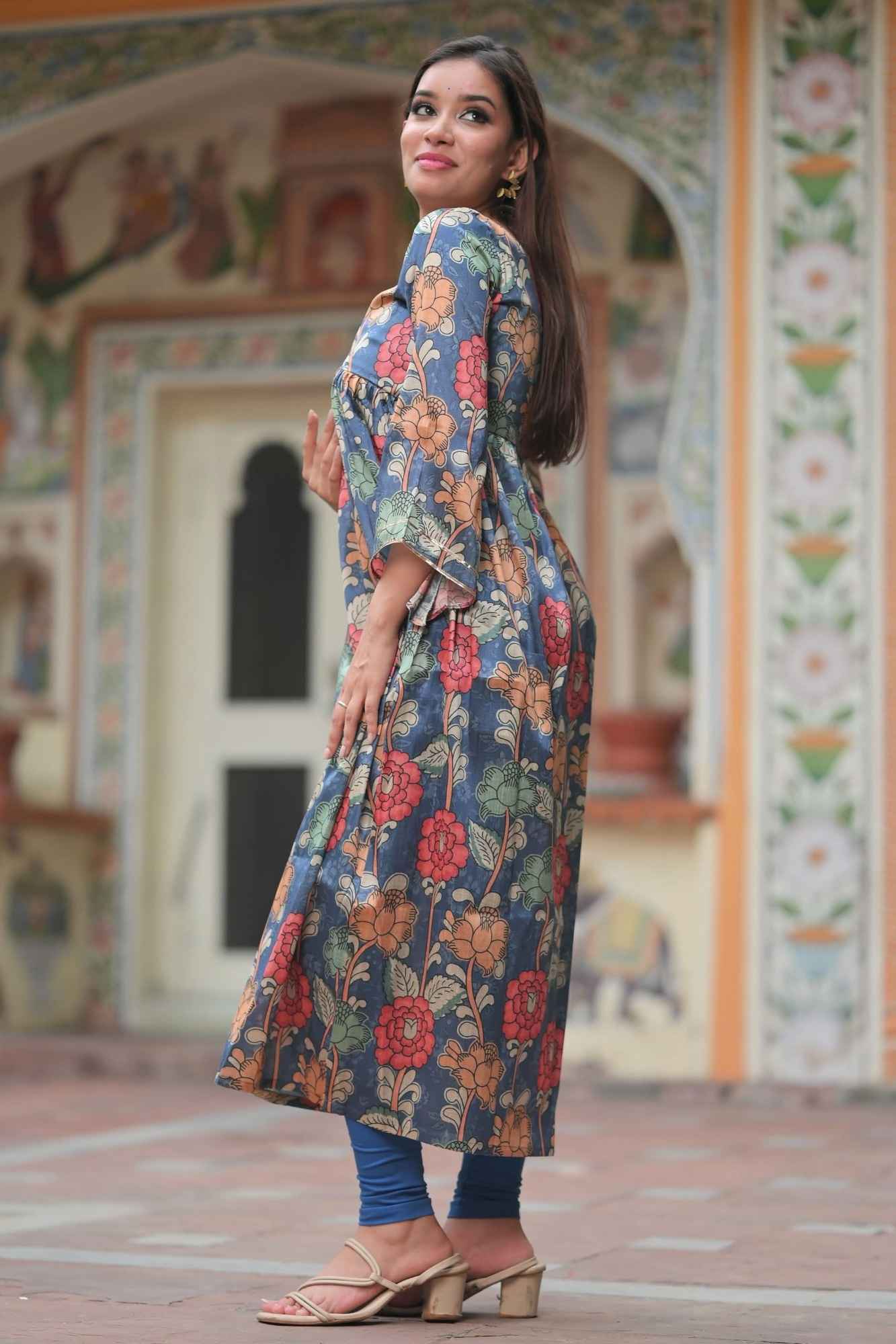 Neelam - Blue Kalamkari print fish tail yoke Kurti and Leggings - 2 piece set | Made To Order