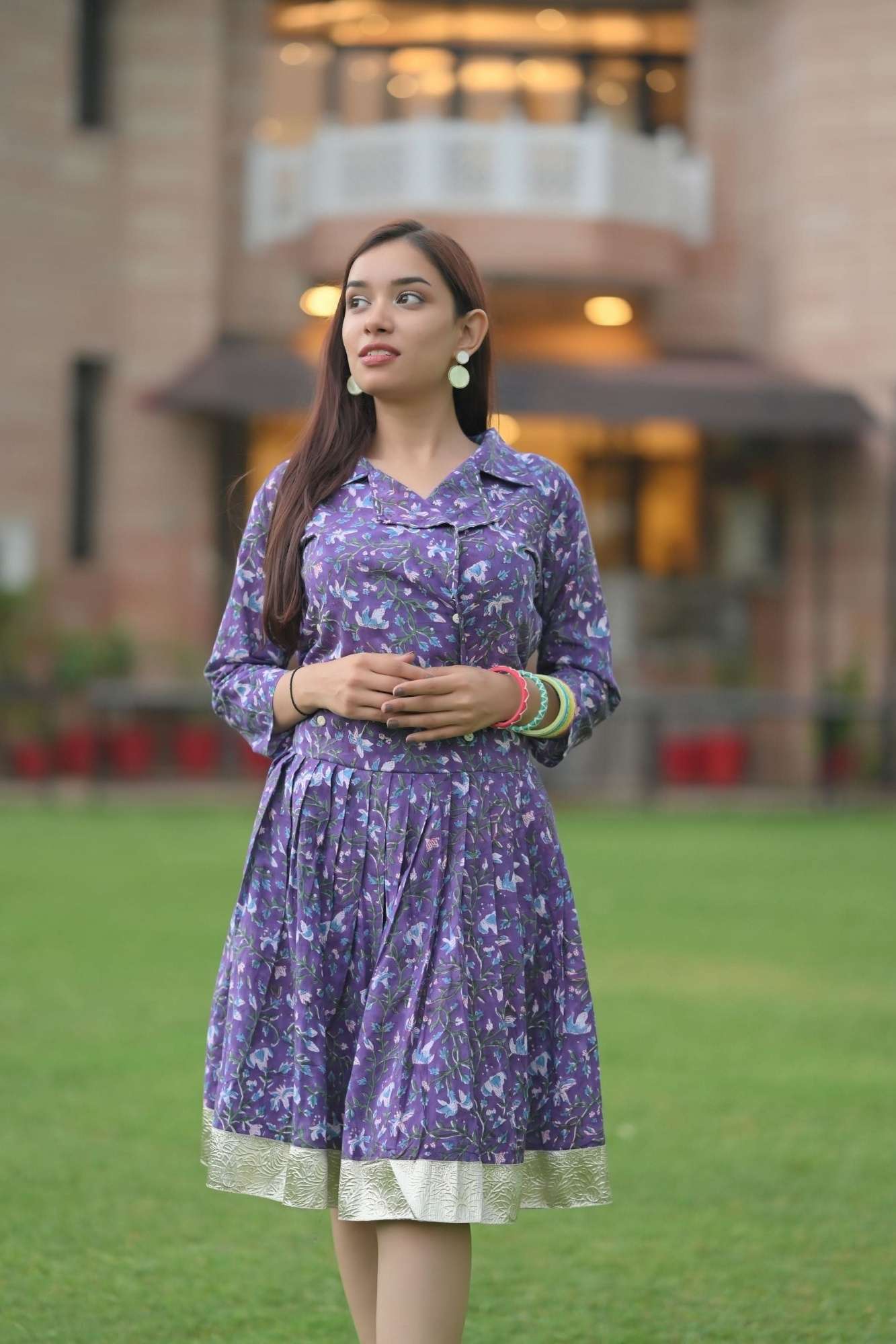 Jamun Brunch dress with Collar and Lace detailing, in Hand Block Printed Cotton | Made to Order