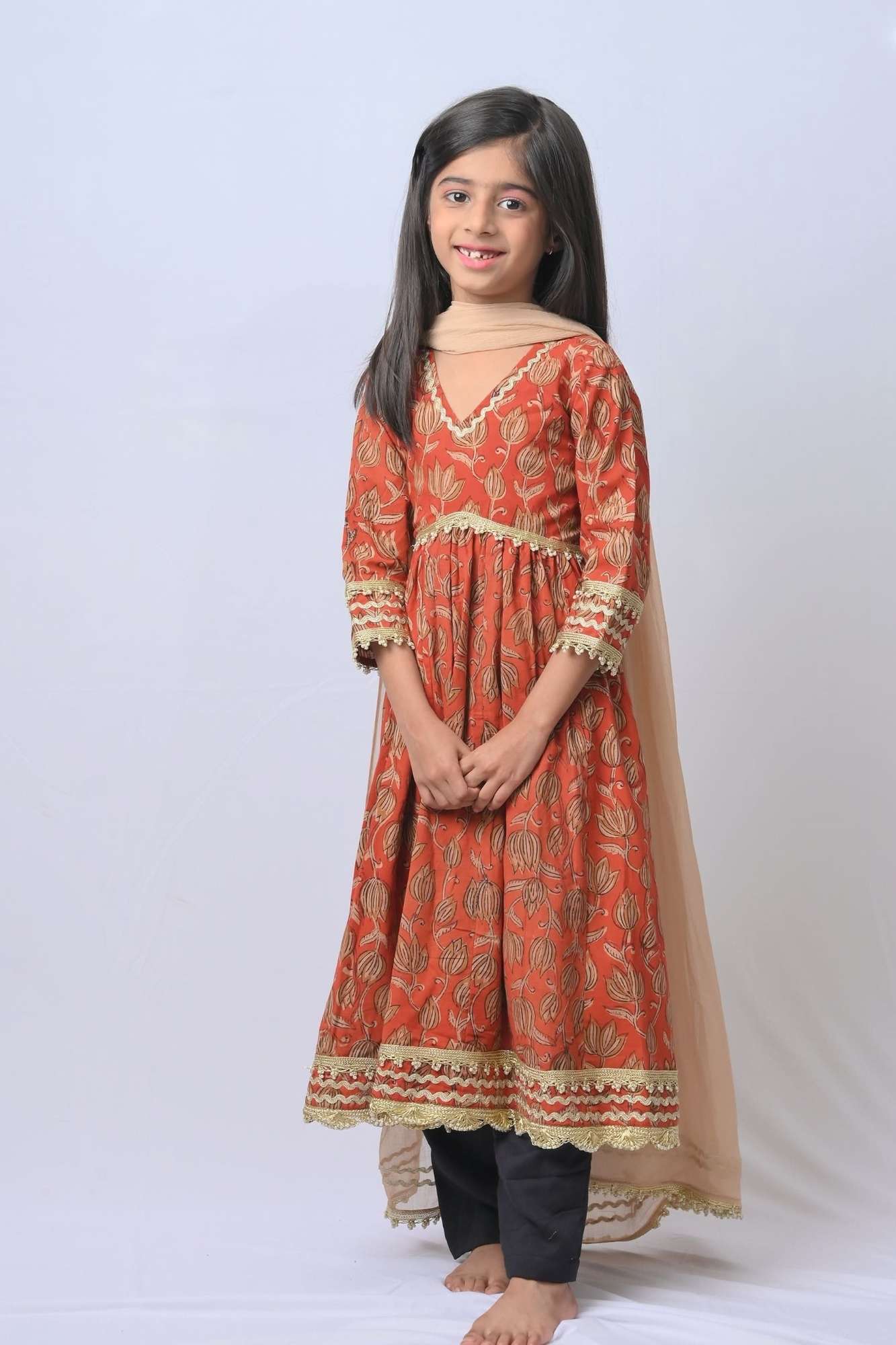 Radhika Bagru Print Pleated 3 piece Anarkali set | Made To Order