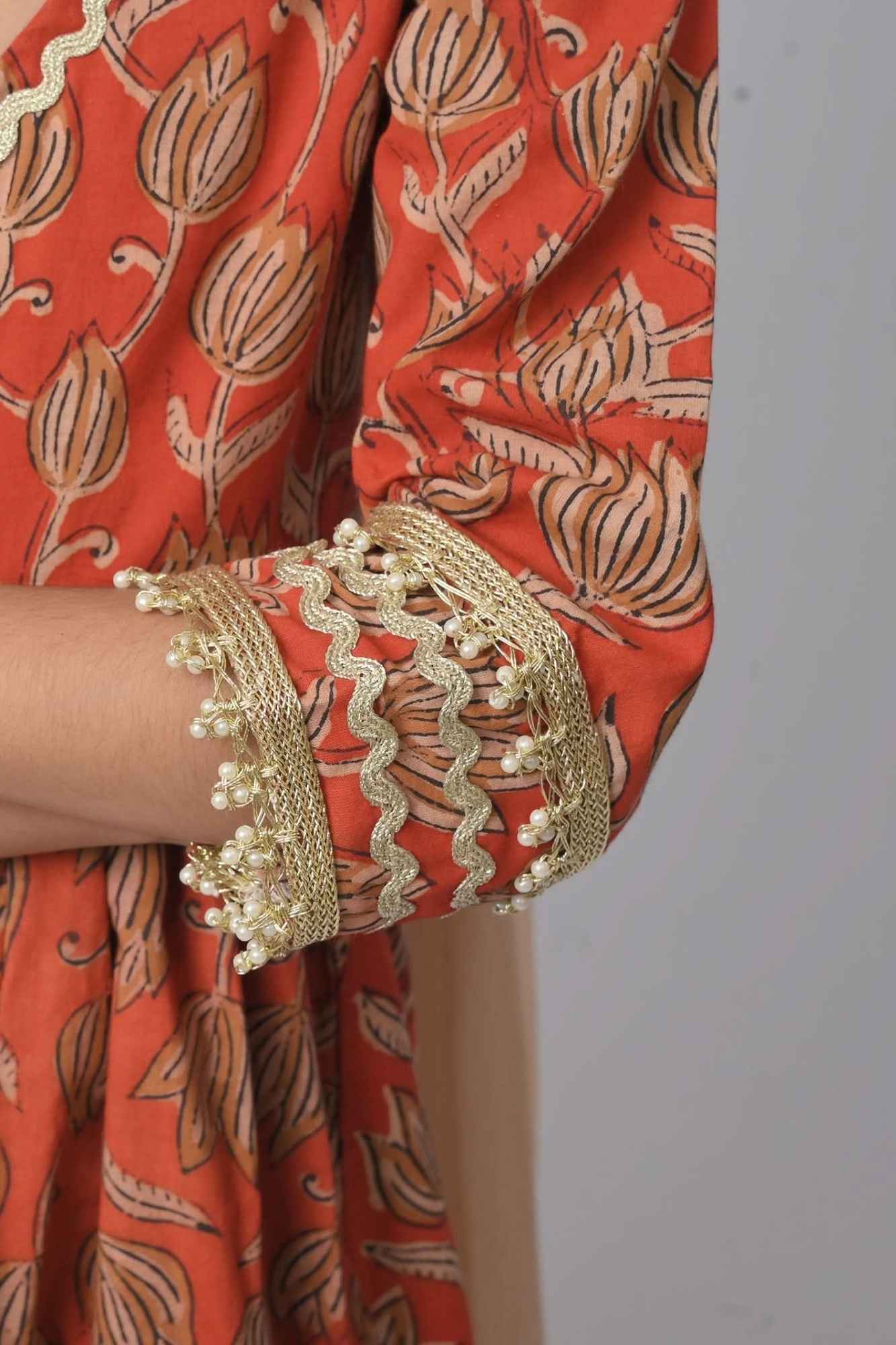 Radhika Bagru Print Pleated 3 piece Anarkali set | Made To Order