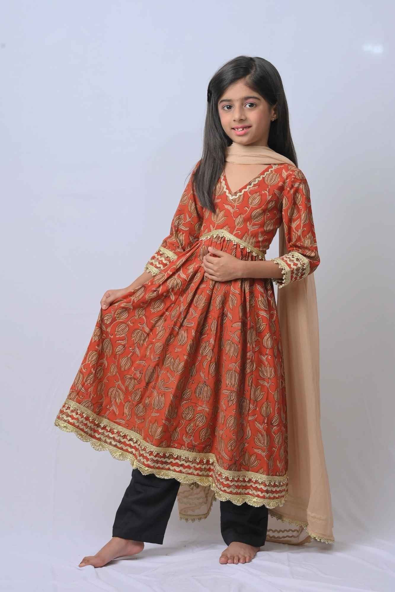 Radhika Bagru Print Pleated 3 piece Anarkali set | Made To Order