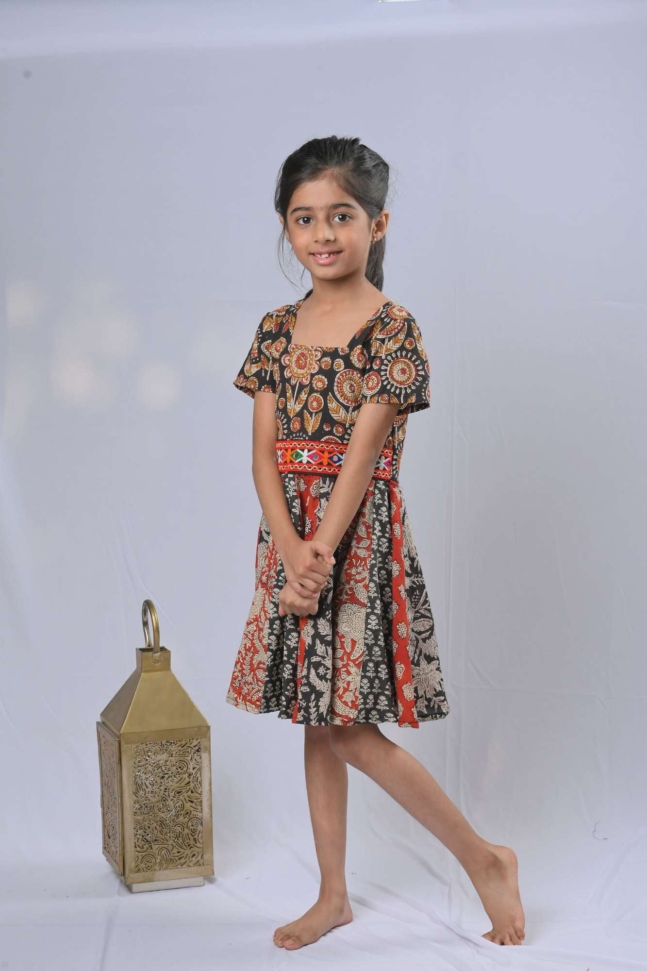 Shades of red and black Kalamkari Panel Dress with Kutch embroidery lace | Made To Order