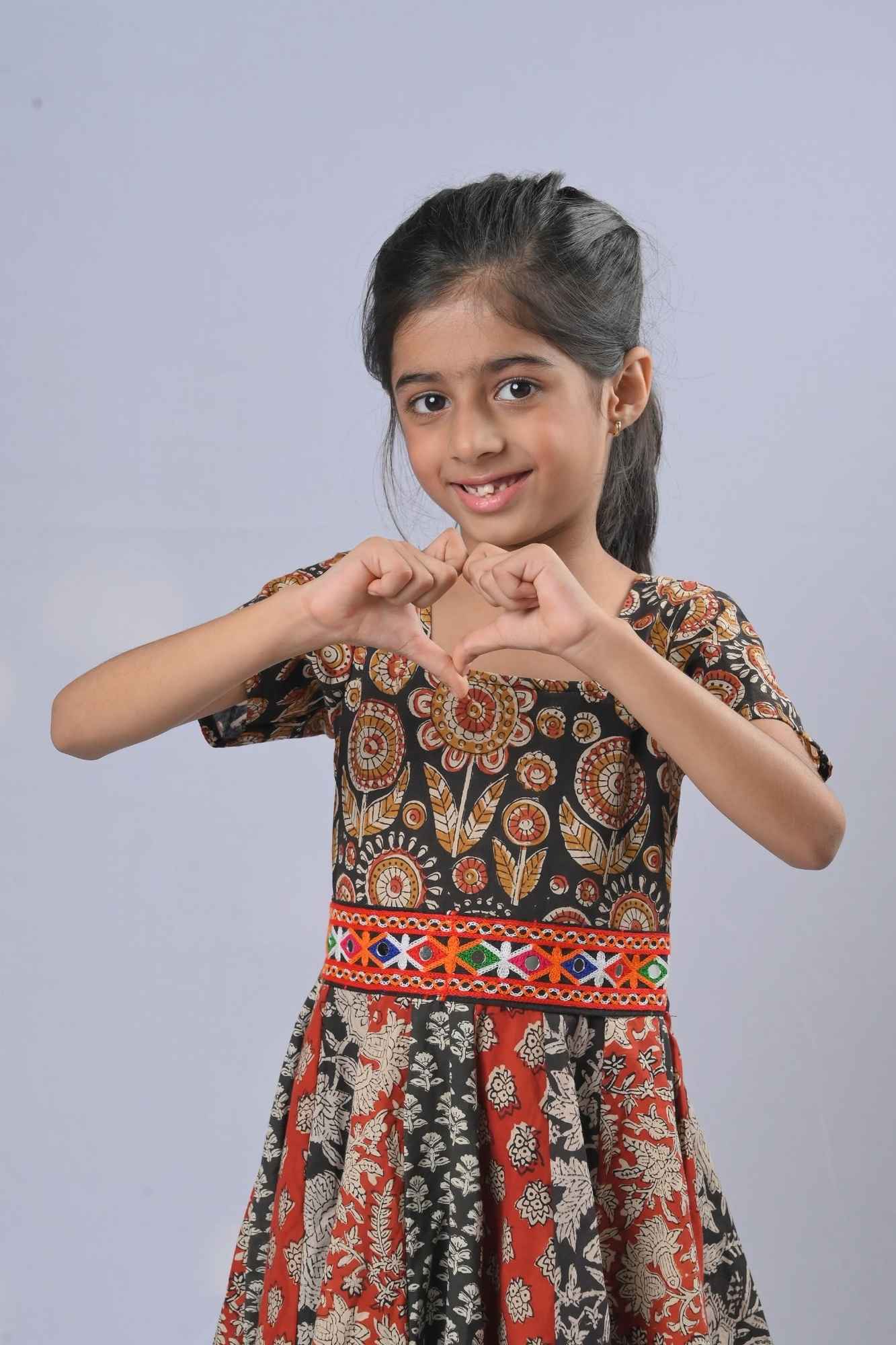 Shades of red and black Kalamkari Panel Dress with Kutch embroidery lace | Made To Order