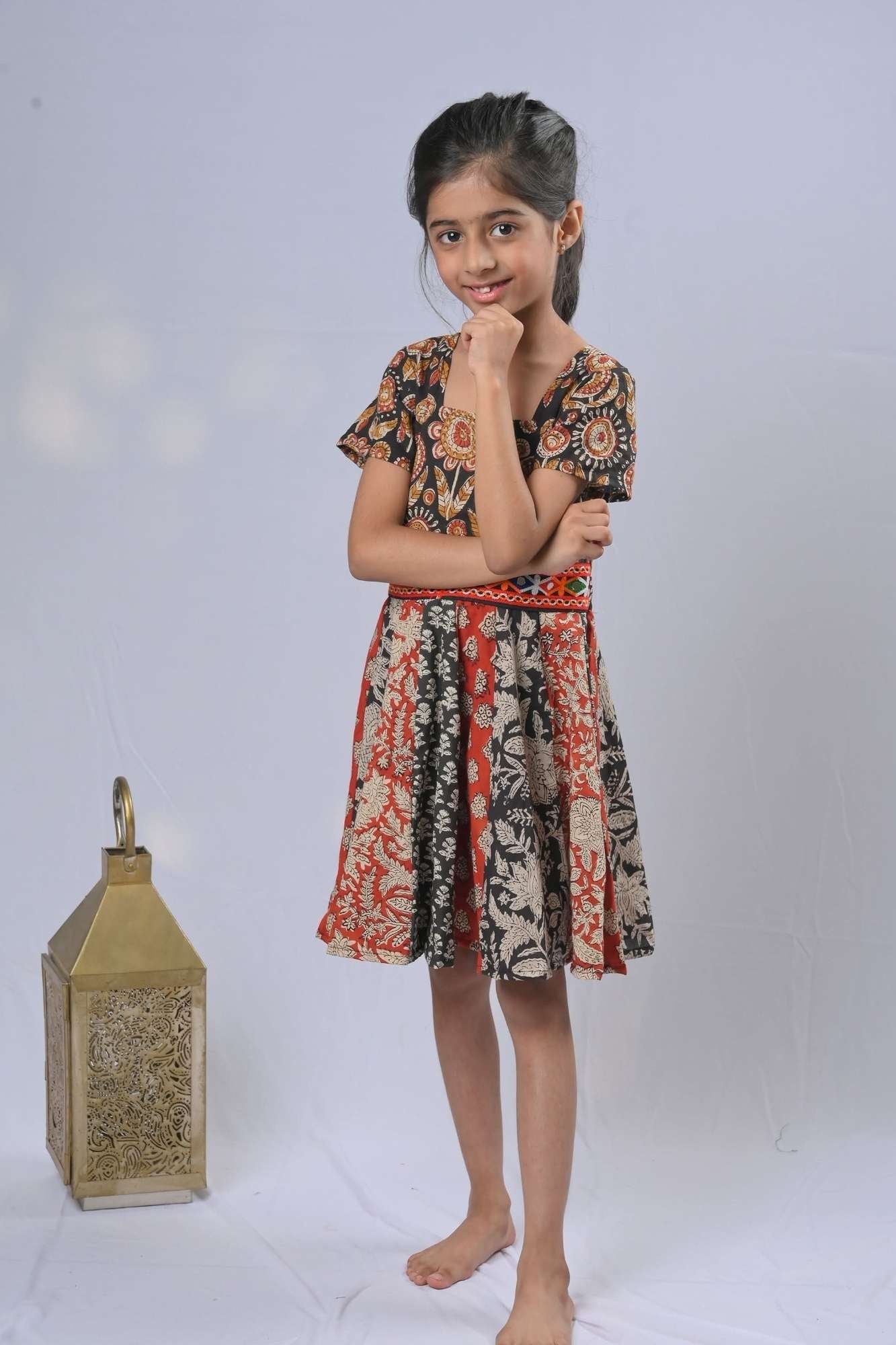 Shades of red and black Kalamkari Panel Dress with Kutch embroidery lace | Made To Order