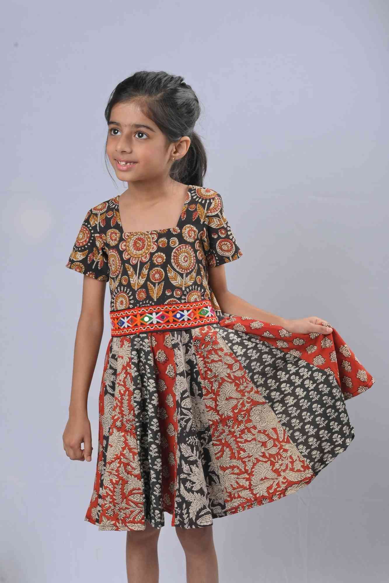Shades of red and black Kalamkari Panel Dress with Kutch embroidery lace | Made To Order