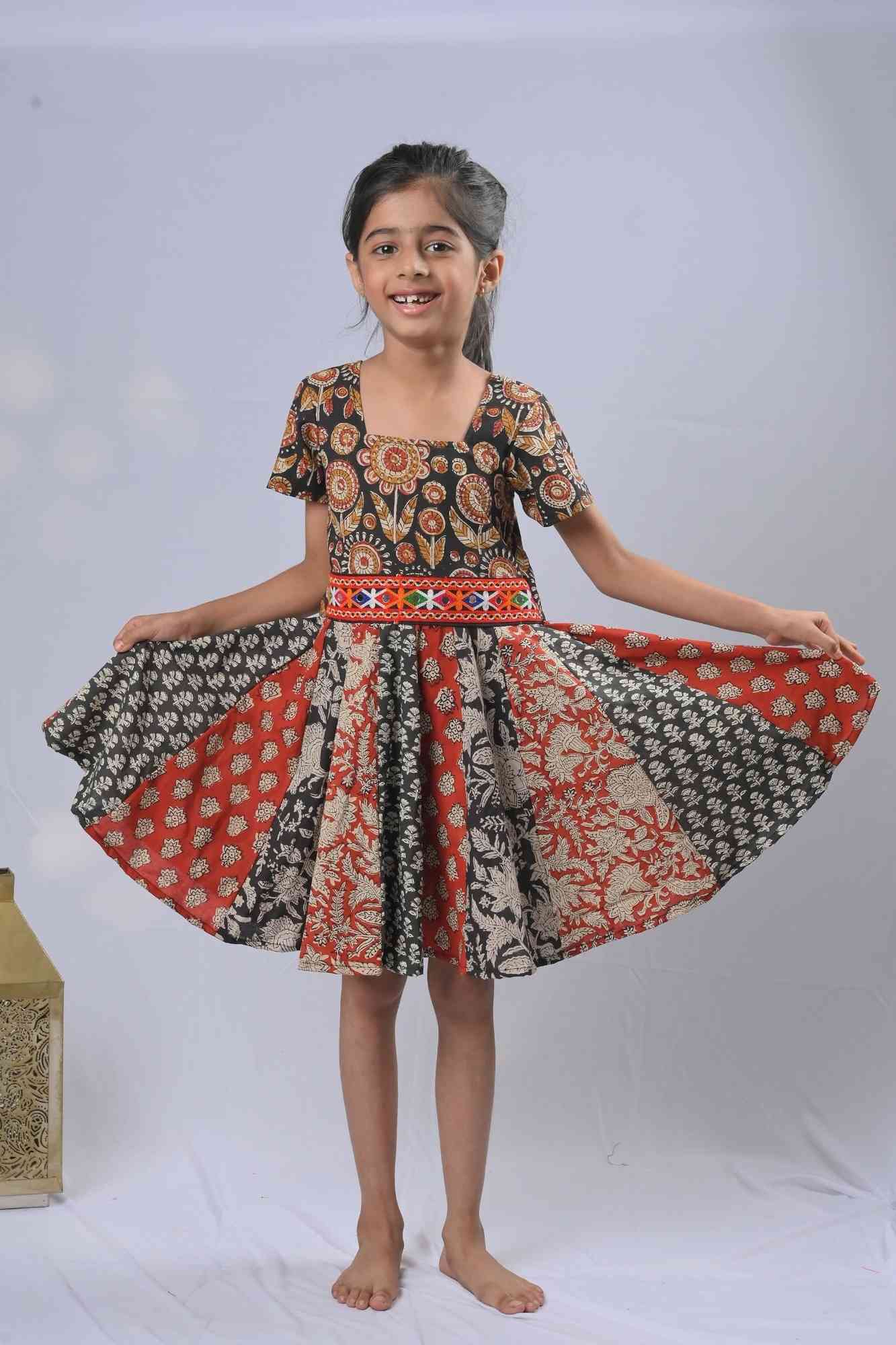 Shades of red and black Kalamkari Panel Dress with Kutch embroidery lace | Made To Order