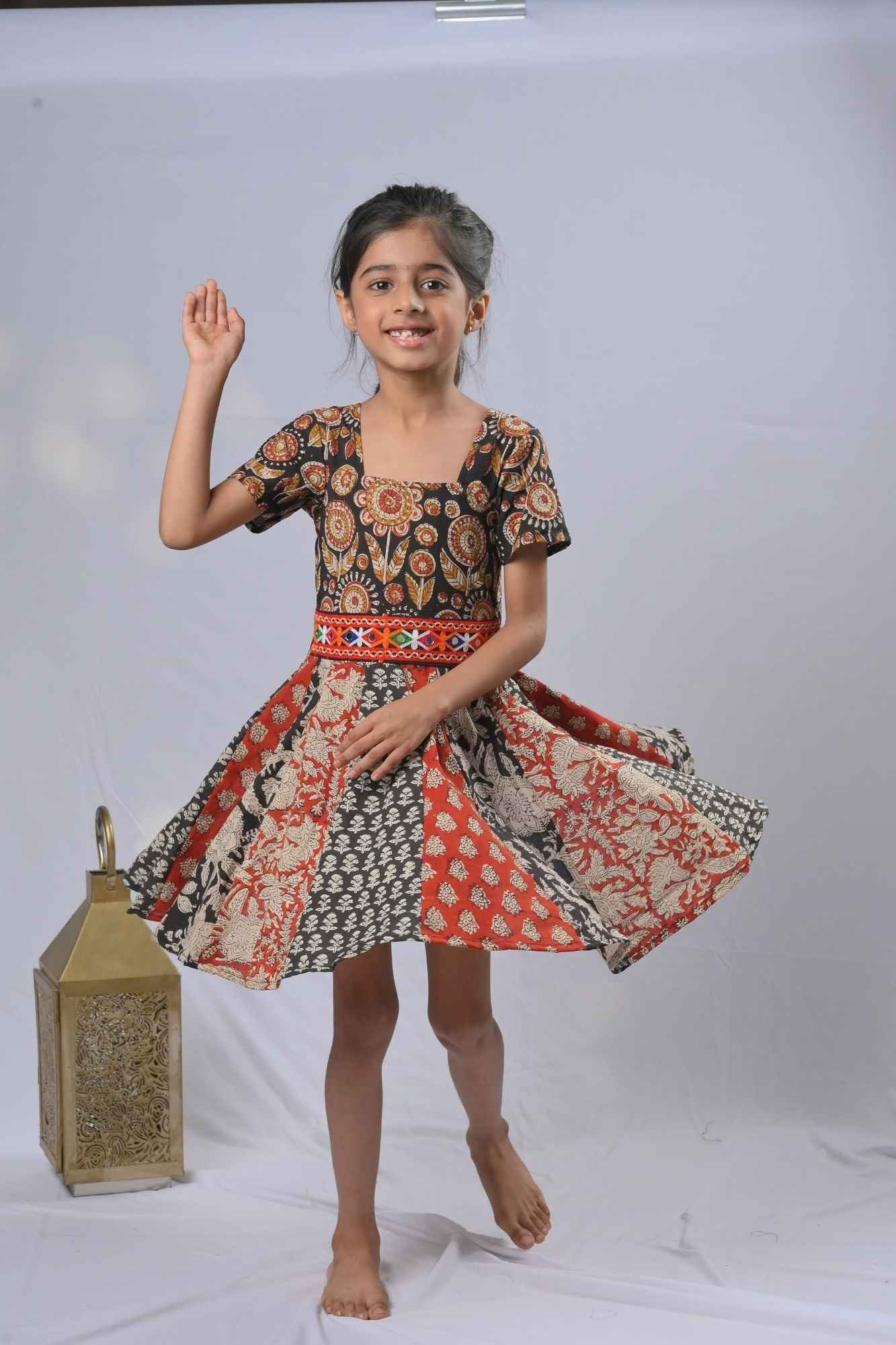 Shades of red and black Kalamkari Panel Dress with Kutch embroidery lace | Made To Order