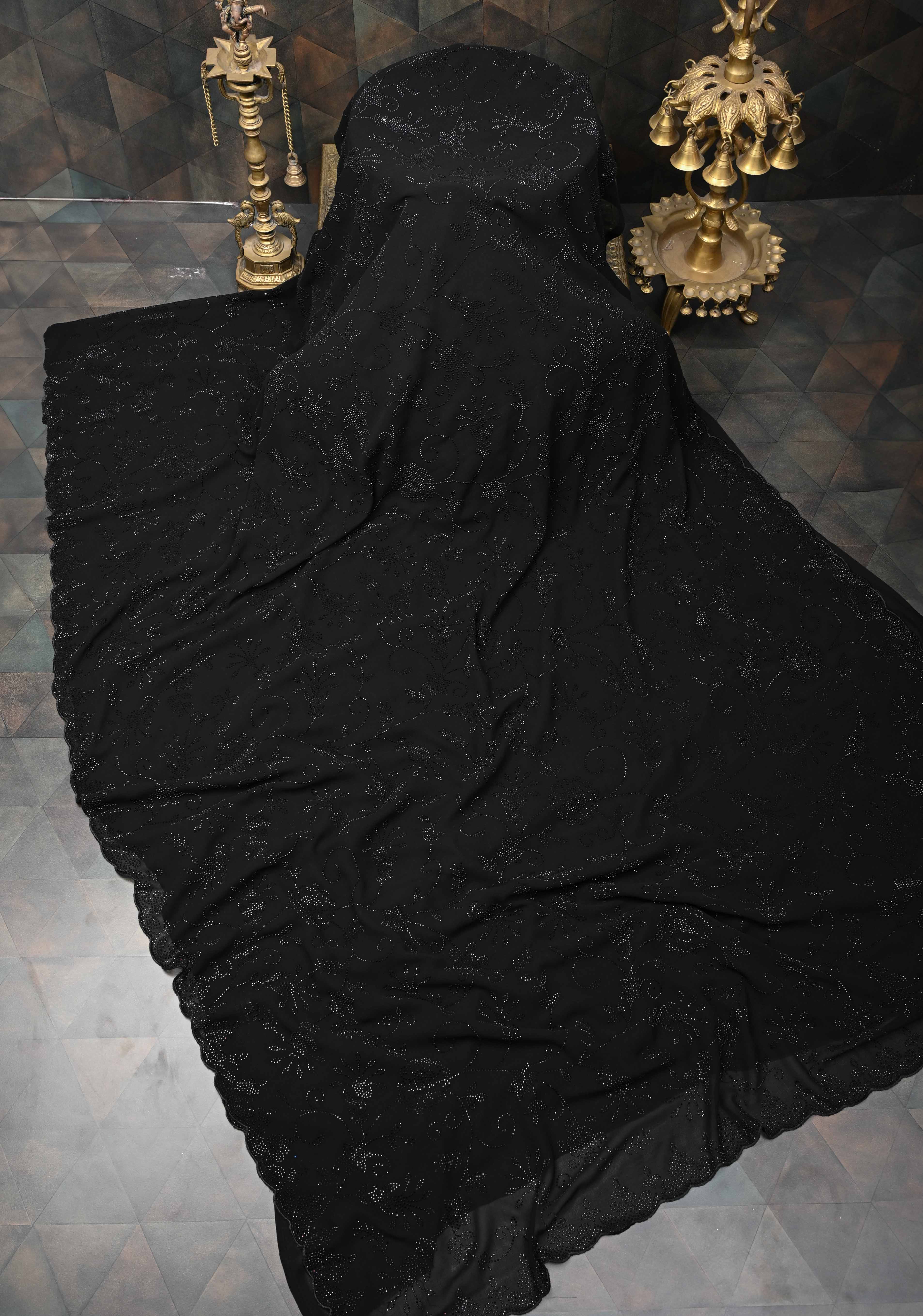 Black Georgette Saree with Tone on Tone Powder Stones Work and Scallop Border Ready To Wear Saree