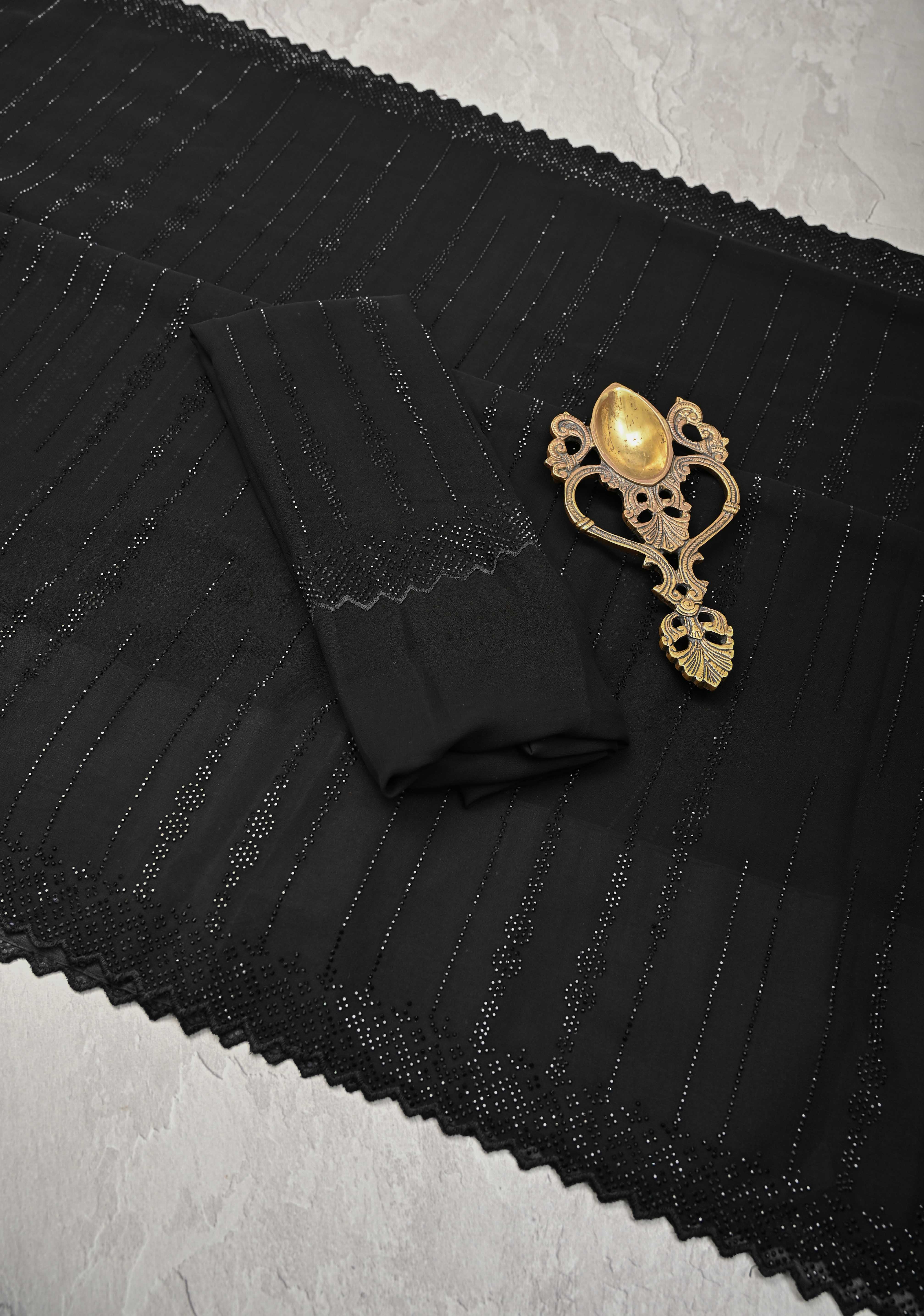 Black Tone on Tone Powder Stones Work on Georgette Saree with Floral Stripes and Scallop Border