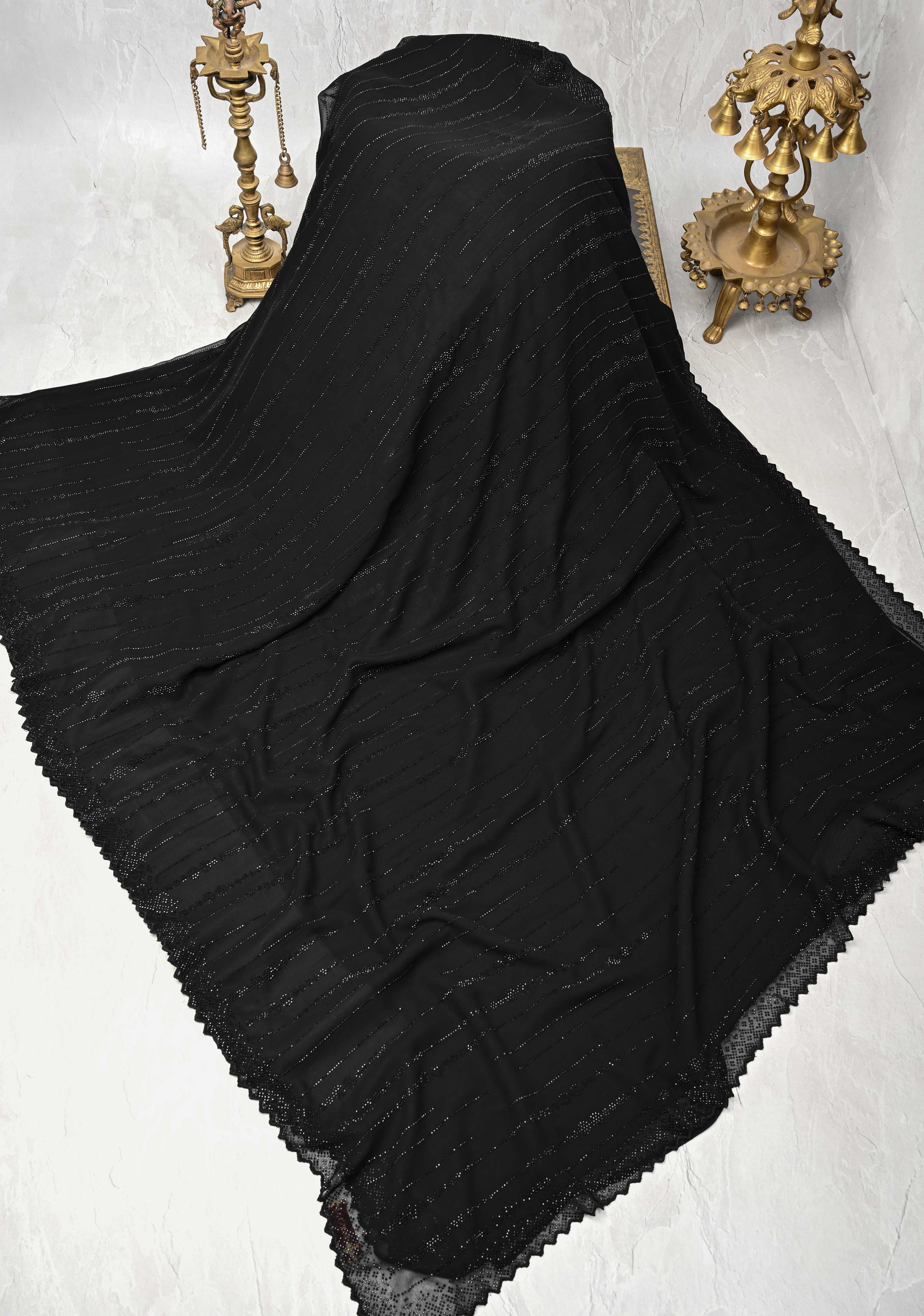Black Tone on Tone Powder Stones Work on Georgette Saree with Floral Stripes and Scallop Border