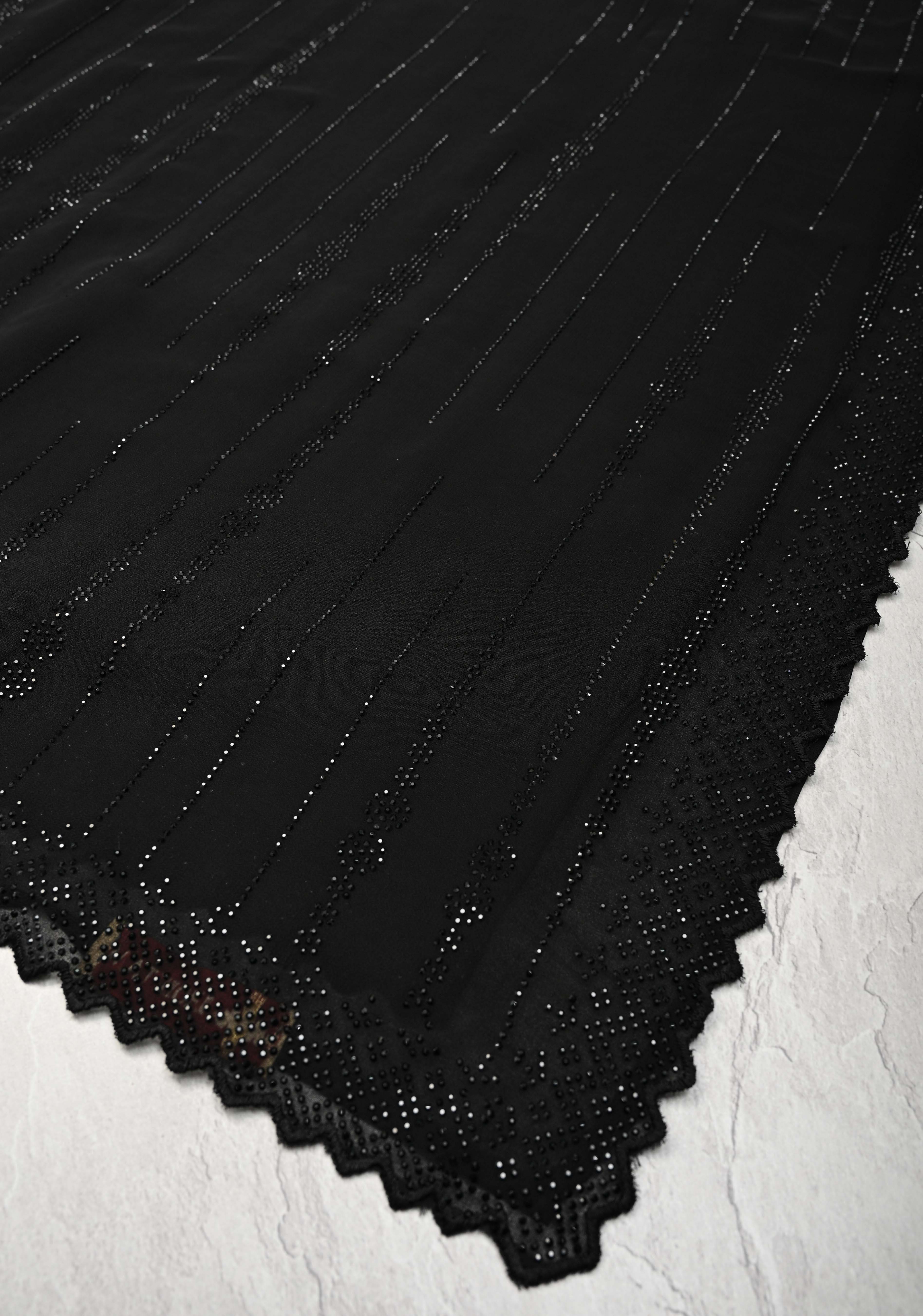 Black Tone on Tone Powder Stones Work on Georgette Saree with Floral Stripes and Scallop Border | Shobitam