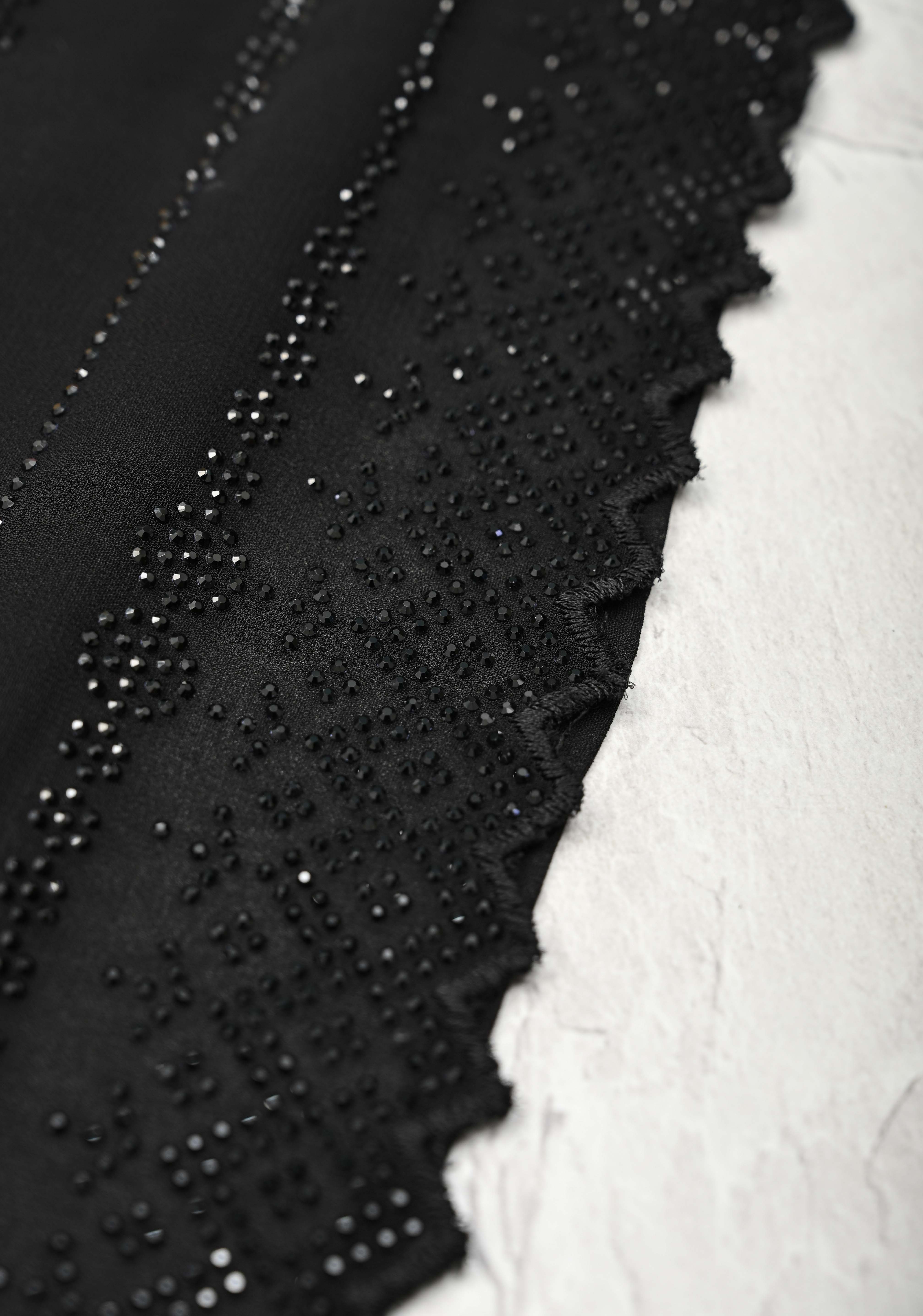 Black Tone on Tone Powder Stones Work on Georgette Saree with Floral Stripes and Scallop Border | Shobitam