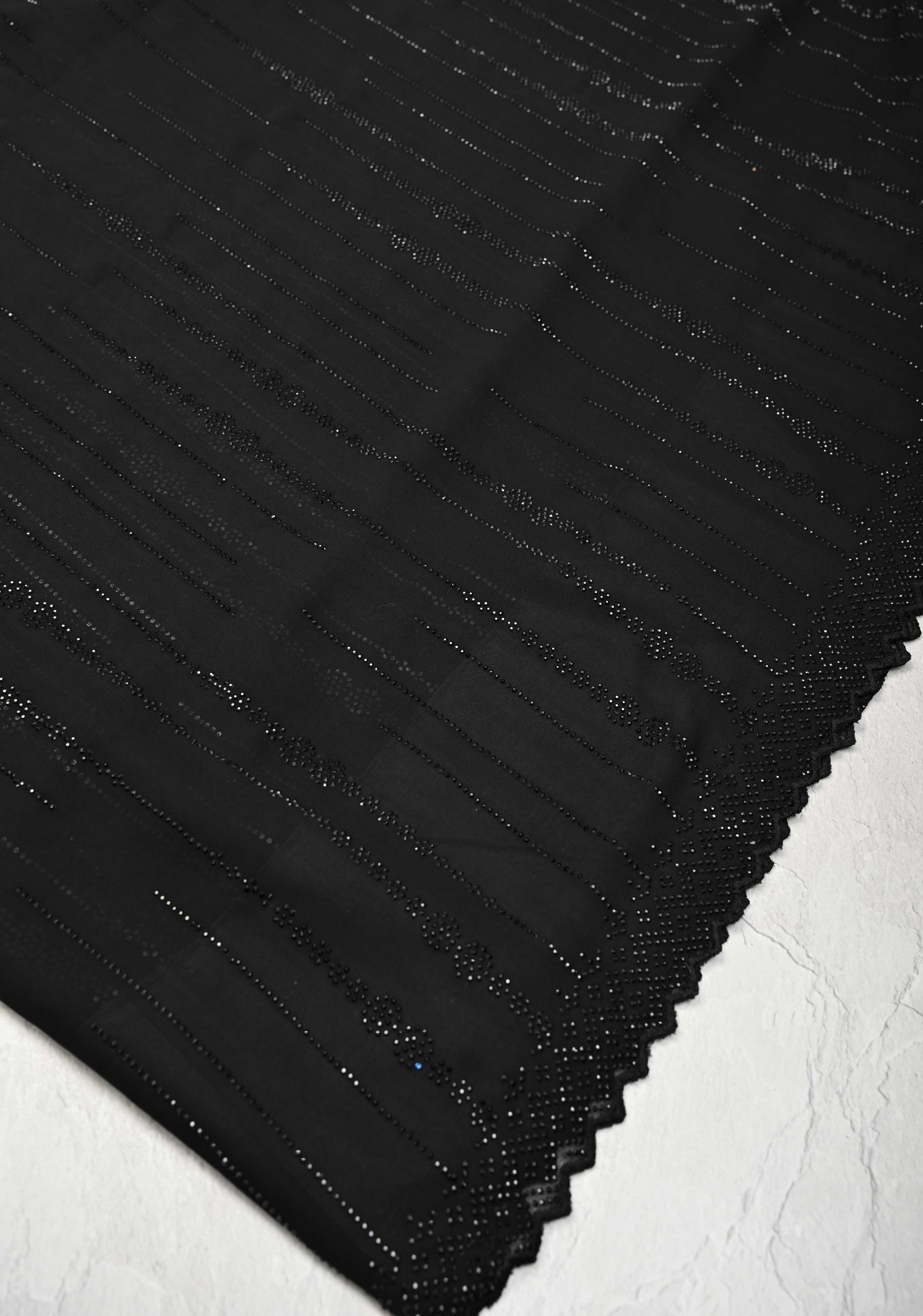 Black Tone on Tone Powder Stones Work on Georgette Saree with Floral Stripes and Scallop Border | Shobitam