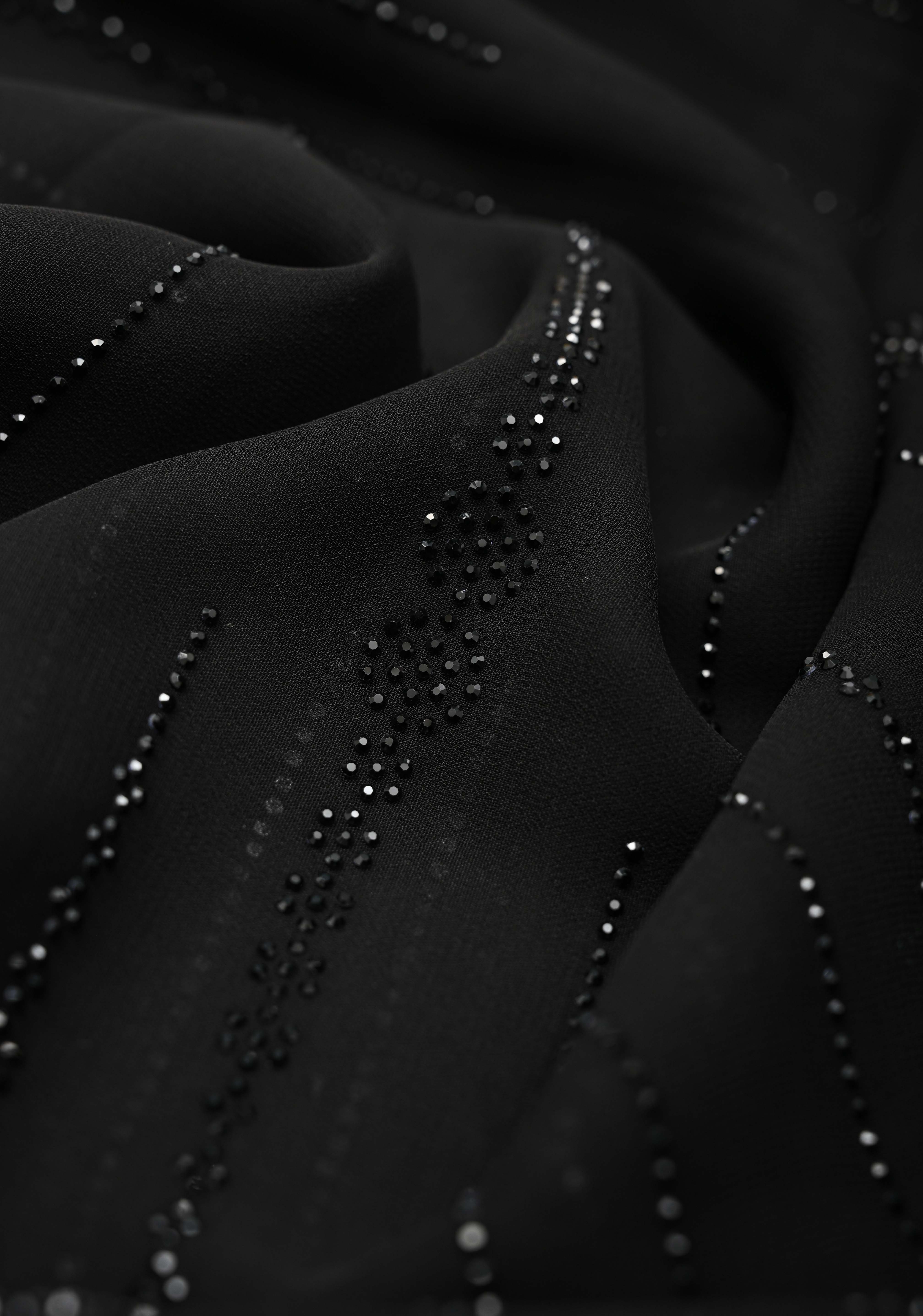 Black Tone on Tone Powder Stones Work on Georgette Saree with Floral Stripes and Scallop Border | Shobitam