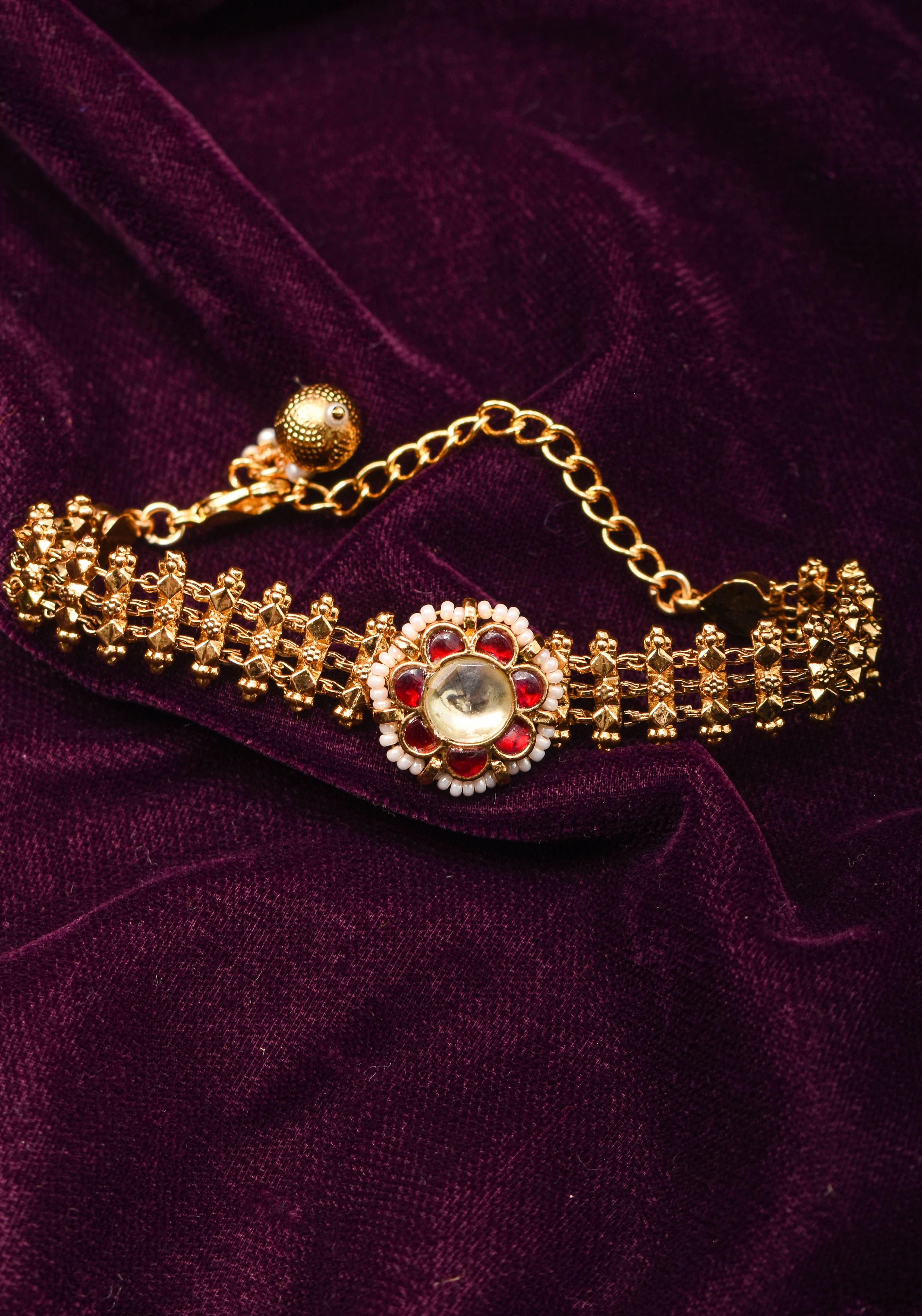 Microplated Gold Tone Flexible Design Bracelet Set with Floral Center | Shobitam