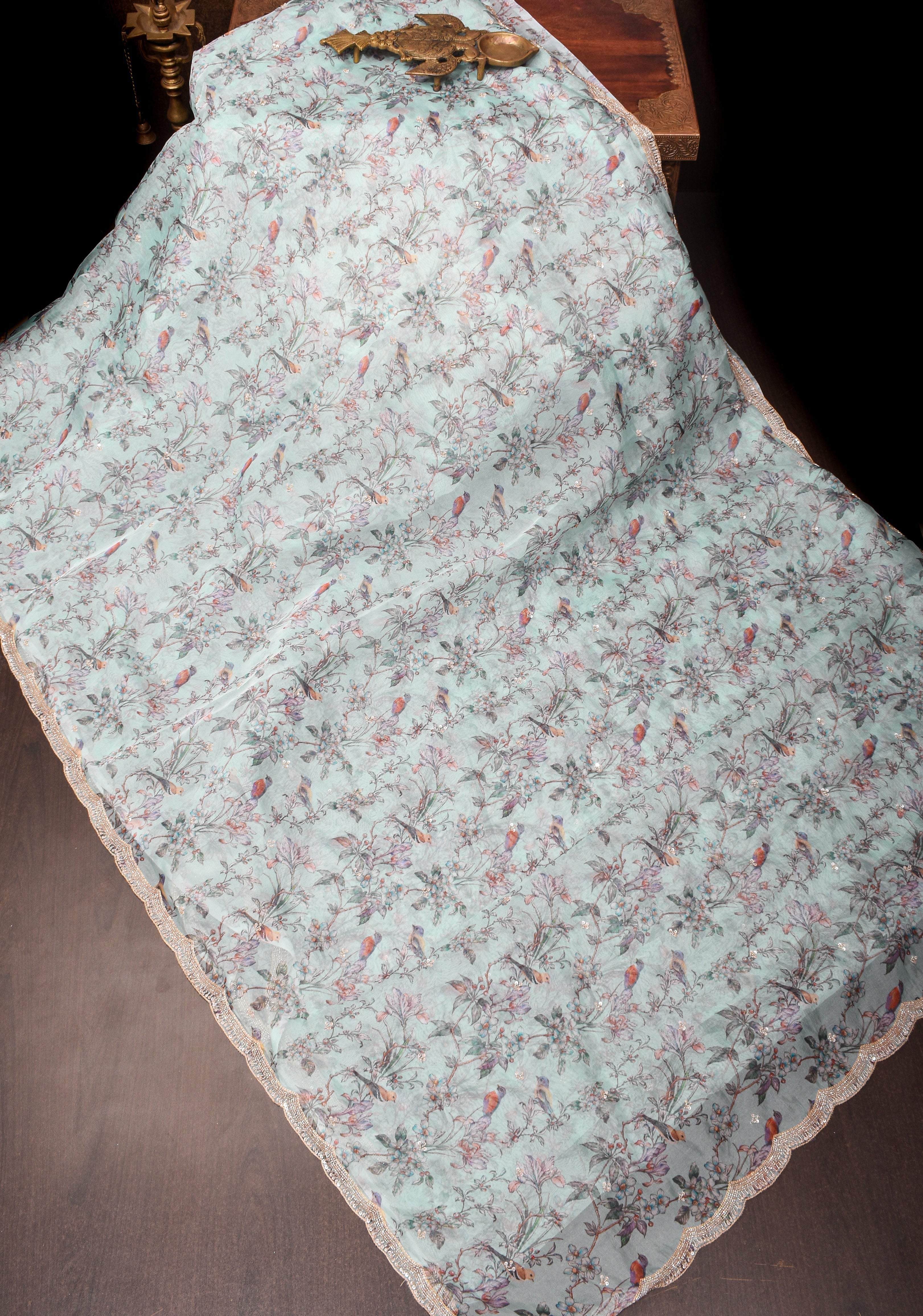 Light Cyan Pure Banarasi Organza Silk Saree with Digital Print and sequins, cutdana work on scallop border | Shobitam