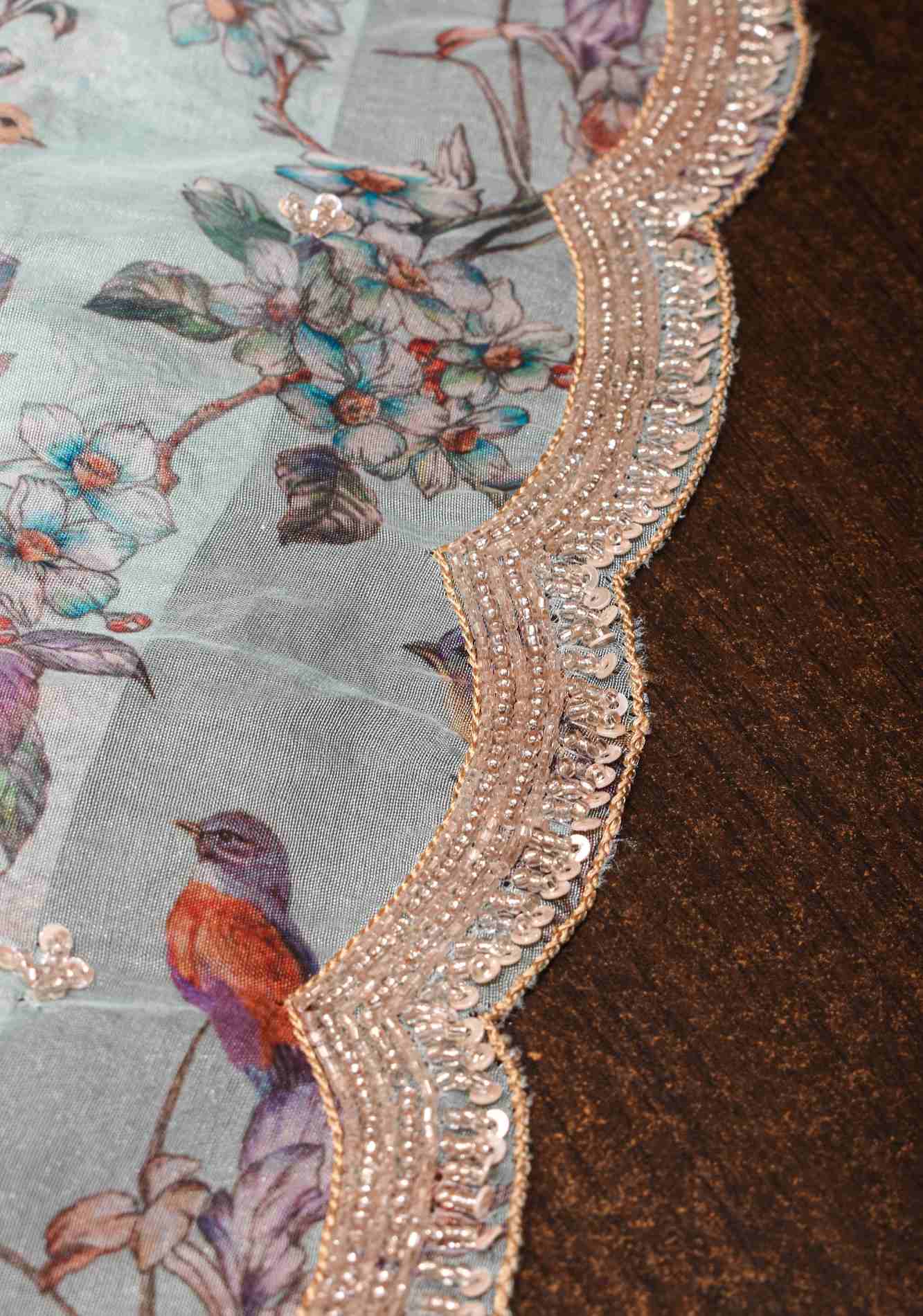 Light Cyan Pure Banarasi Organza Silk Saree with Digital Print and sequins, cutdana work on scallop border Ready To Wear Saree