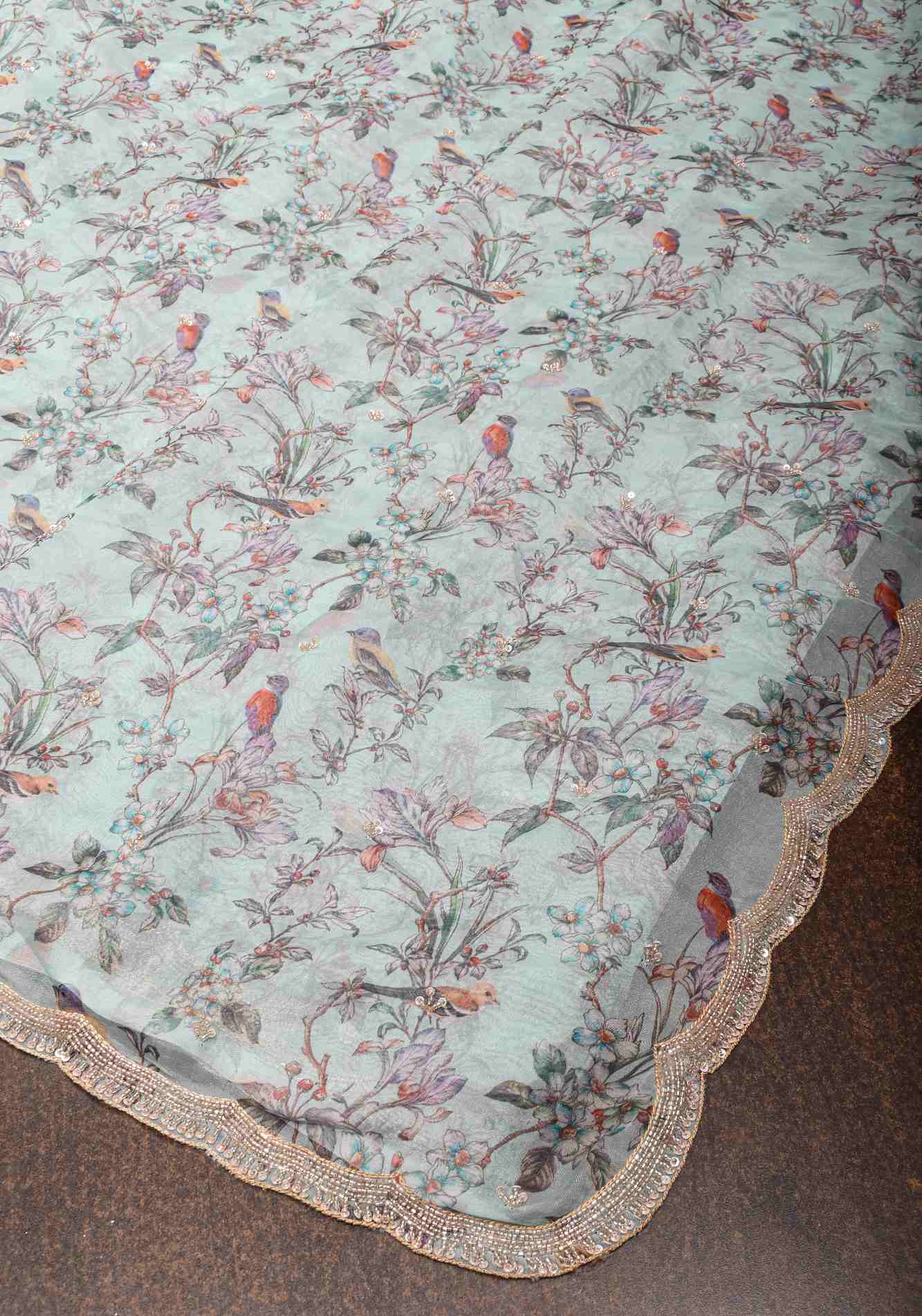 Light Cyan Pure Banarasi Organza Silk Saree with Digital Print and sequins, cutdana work on scallop border Ready To Wear Saree
