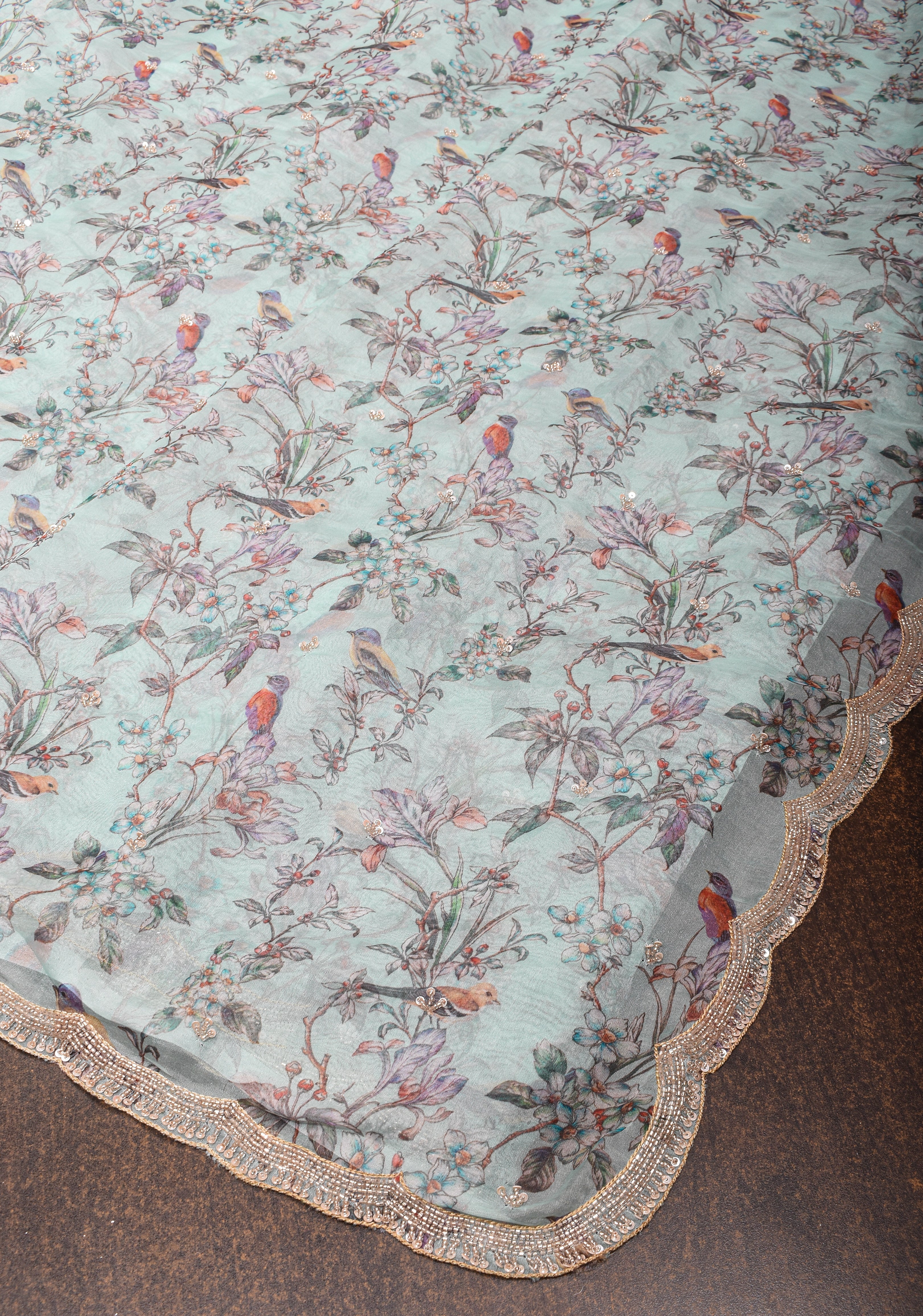 Light Cyan Pure Banarasi Organza Silk Saree with Digital Print and sequins, cutdana work on scallop border | Shobitam
