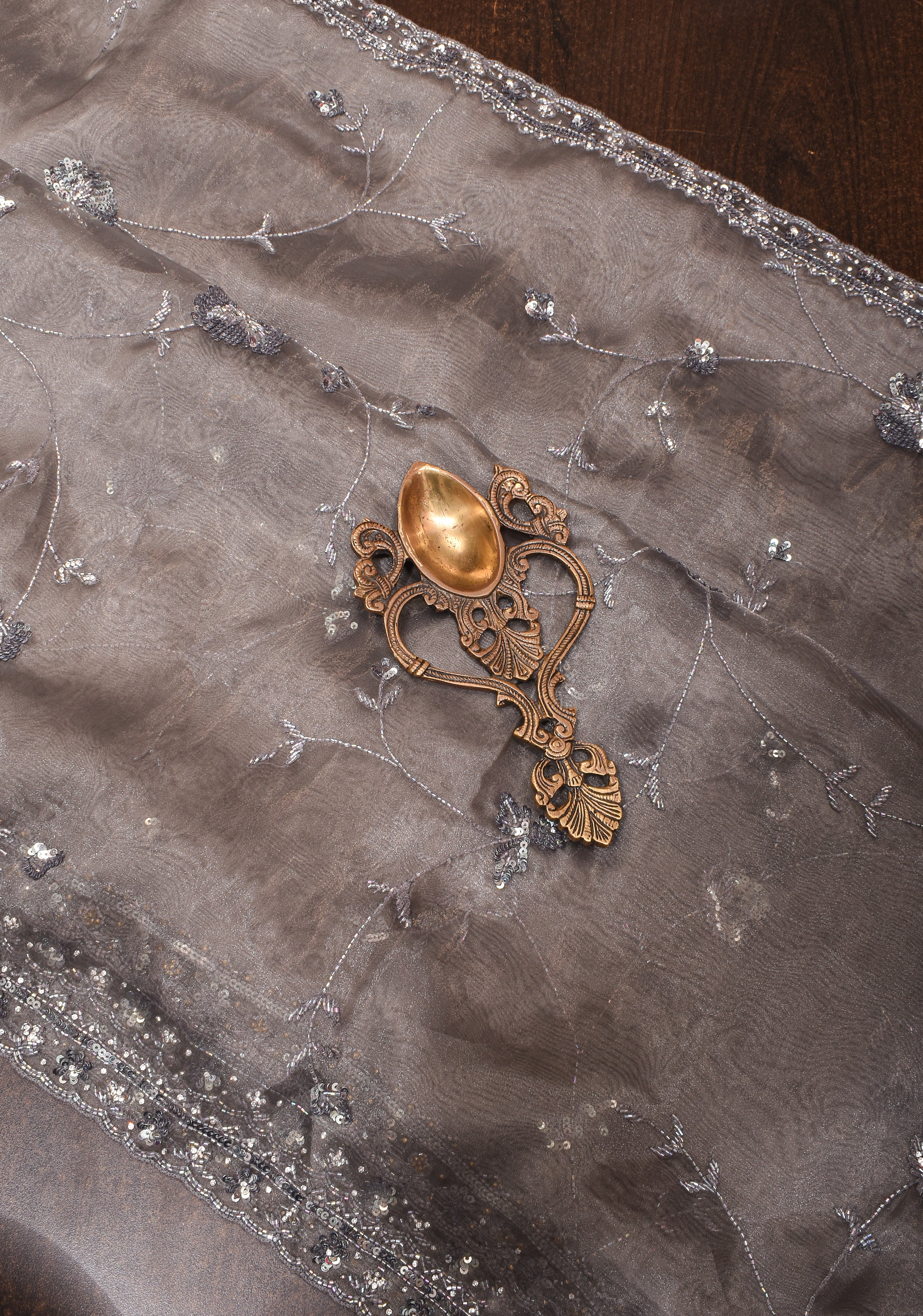 Gray Shimmering Crushed Organza Saree with Exquisite Moti and Sequin Embellishments | Shobitam