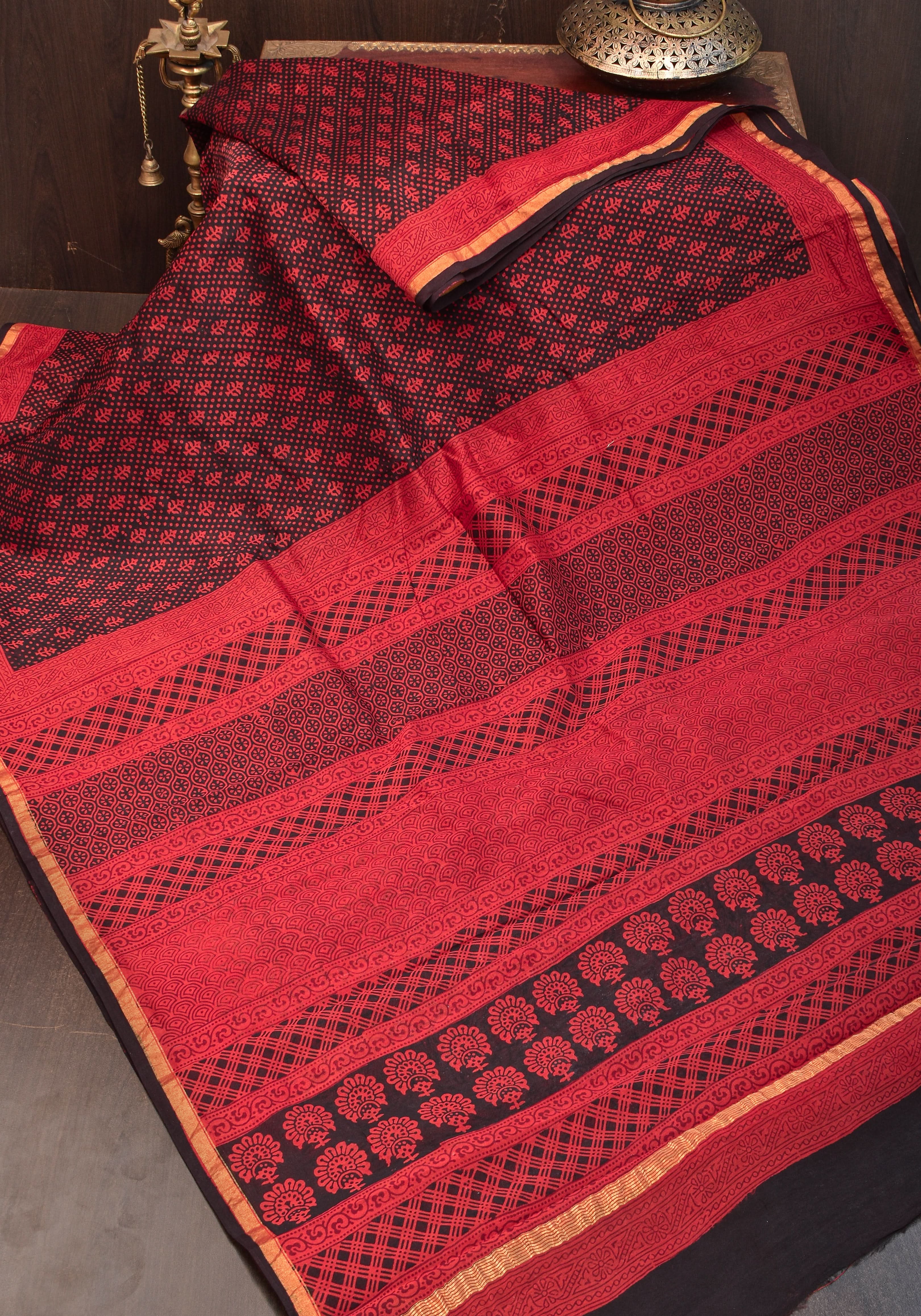 Bagh Hand block Print on Chanderi Cotton Saree in Black and Red | Shobitam