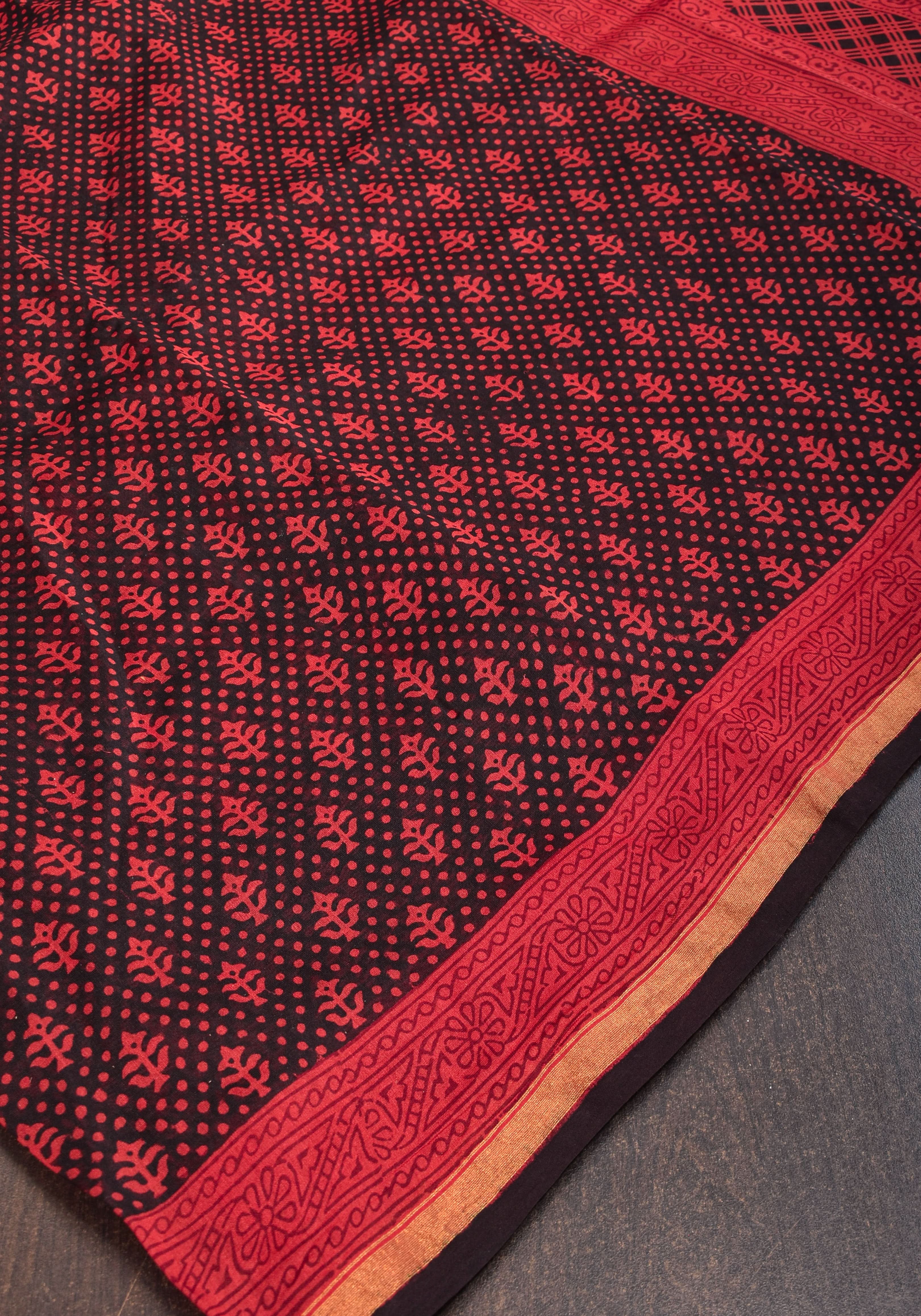 Bagh Hand block Print on Chanderi Cotton Saree in Black and Red | Shobitam