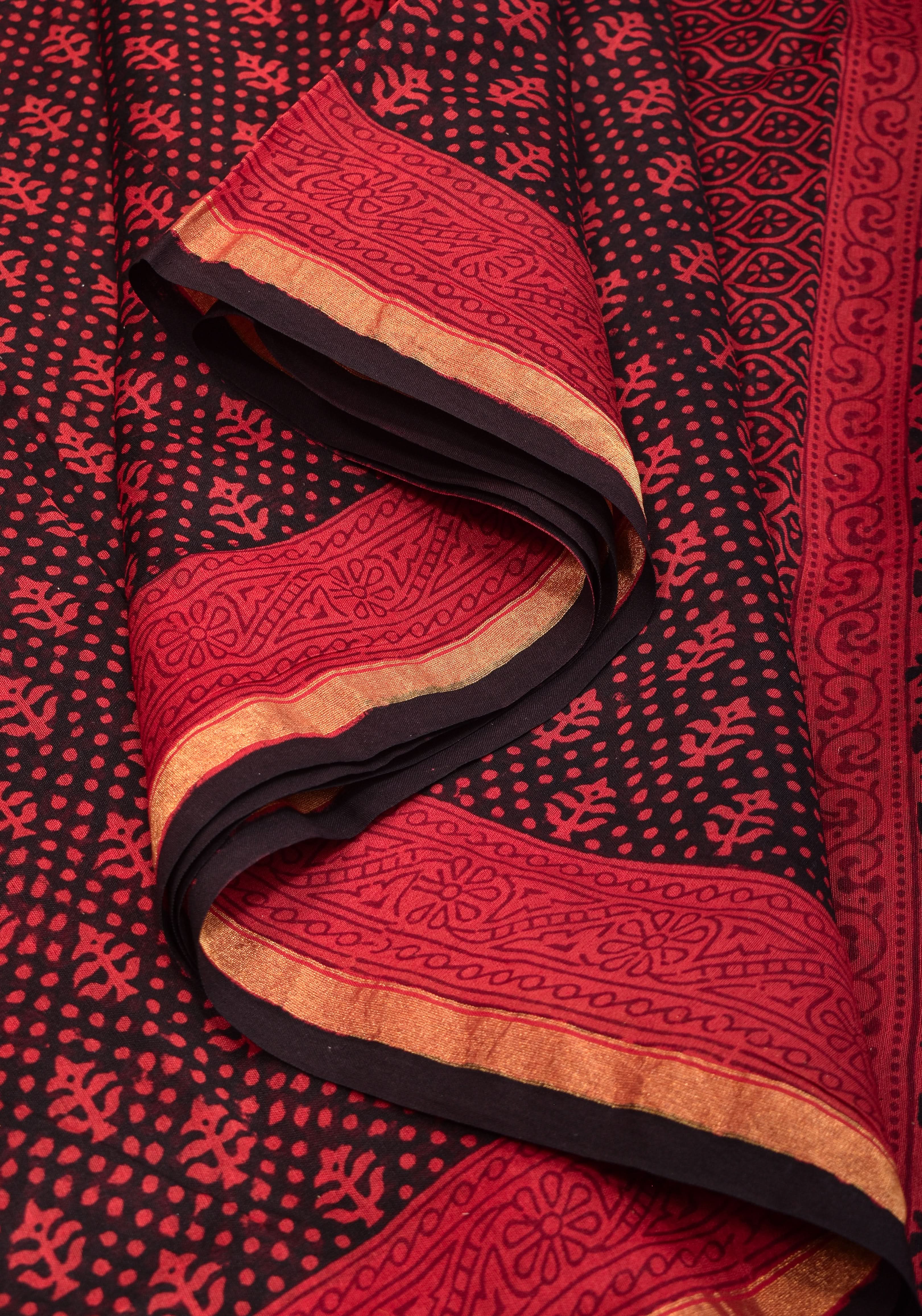 Bagh Hand block Print on Chanderi Cotton Saree in Black and Red | Shobitam
