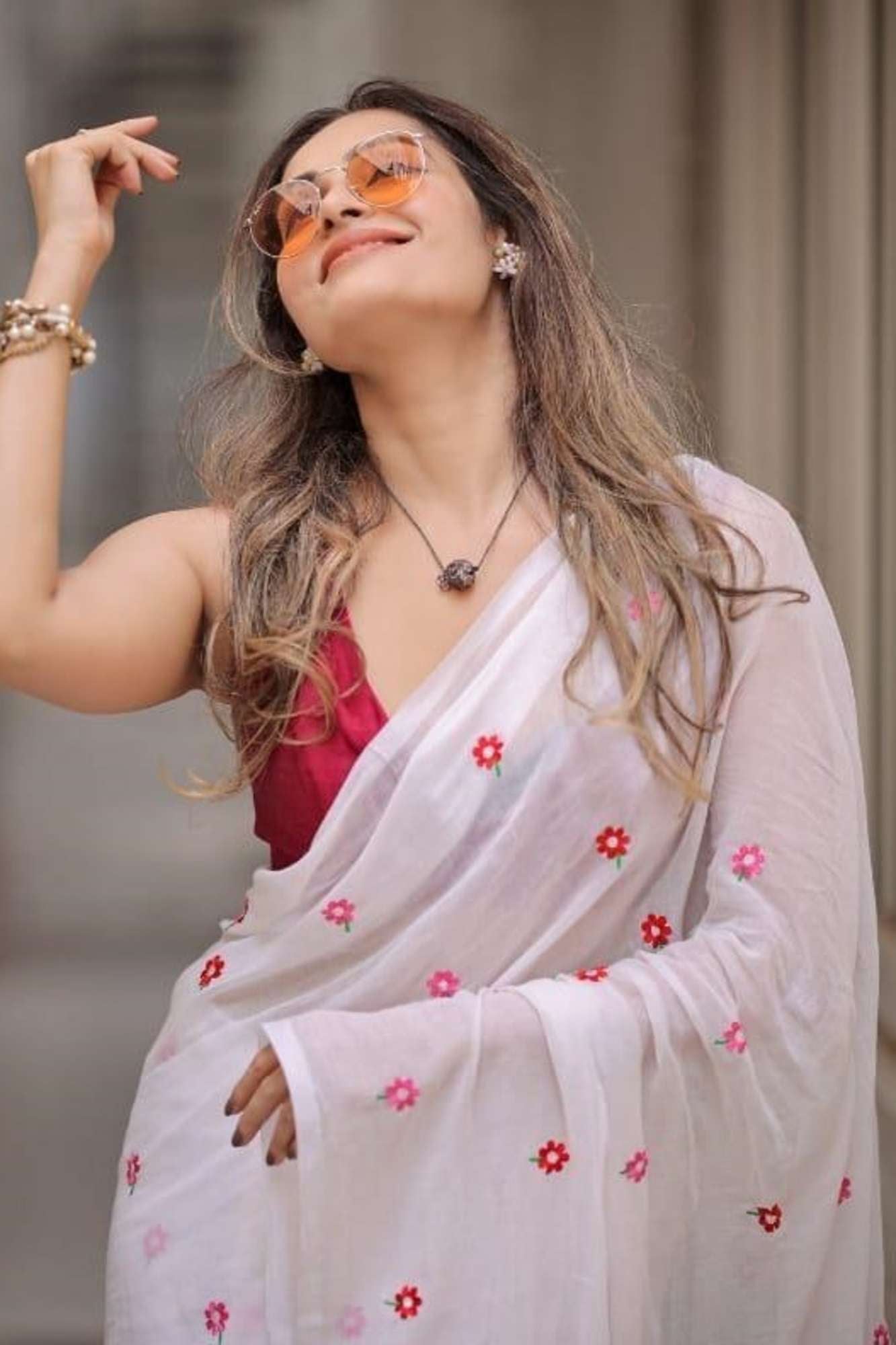 White Mulmul Cotton with Red Floral Embroidery & Tassels Ready To Wear Saree