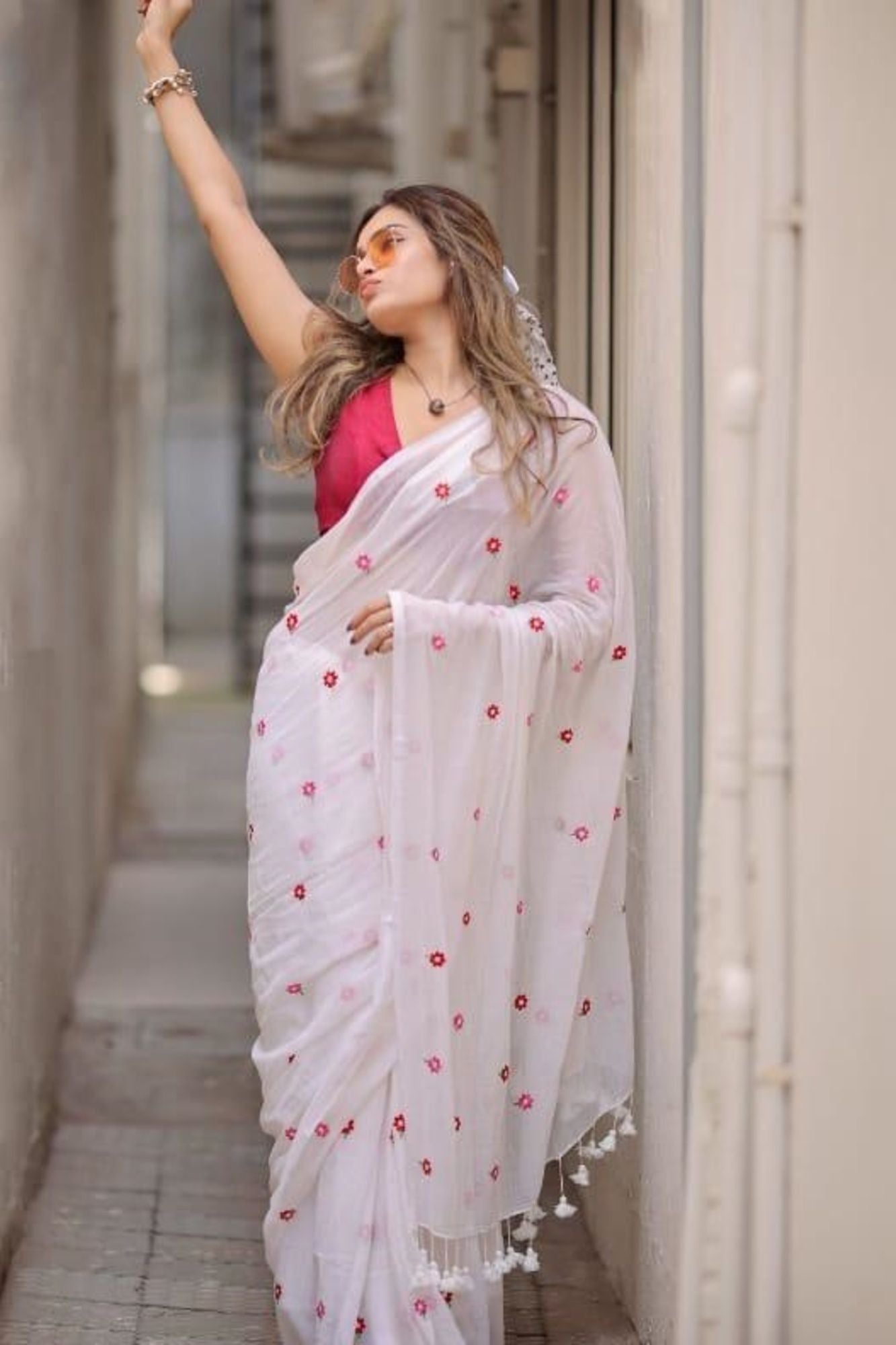 White Mulmul Cotton with Red Floral Embroidery & Tassels Ready To Wear Saree