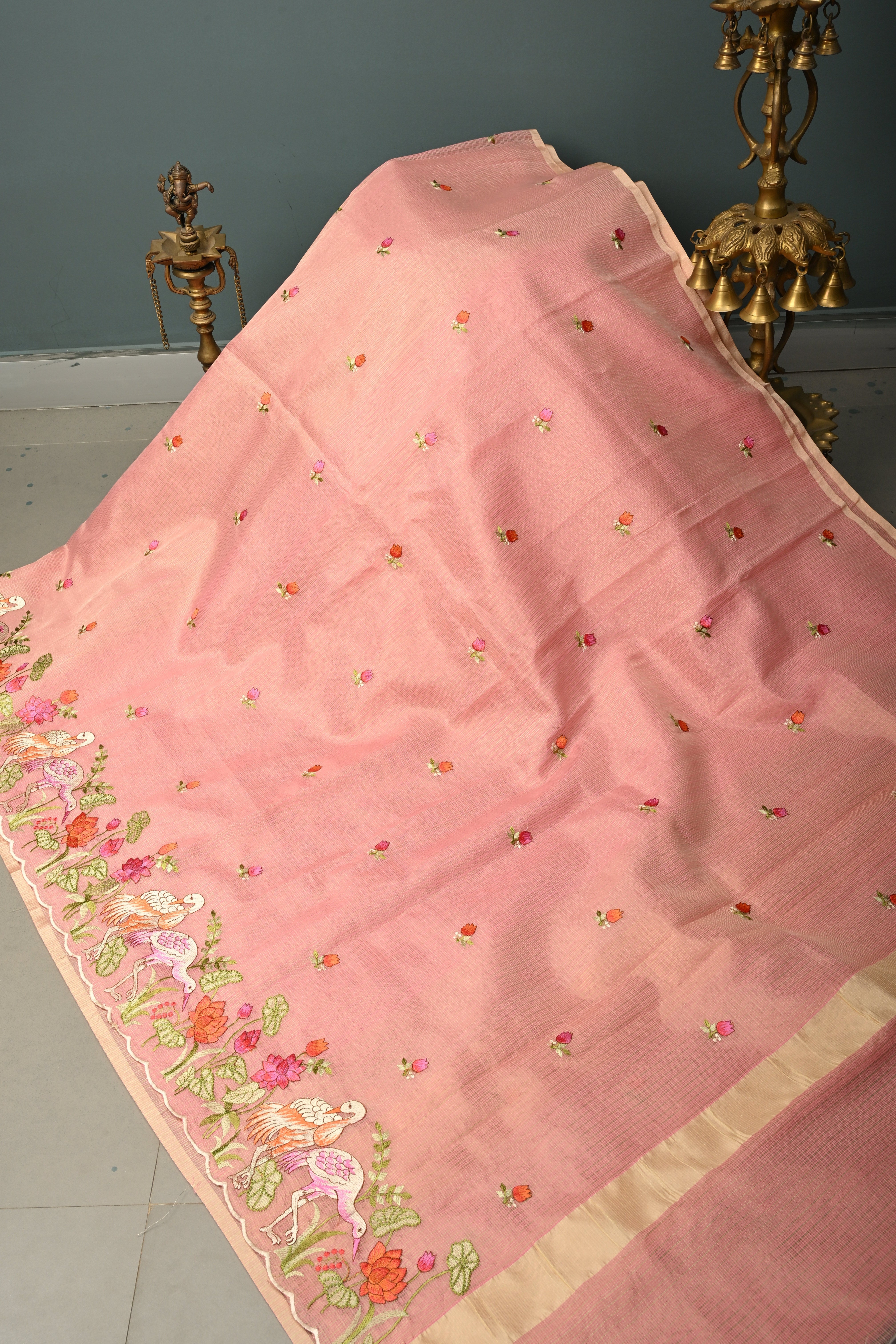 Rose Pink Meenakari Embroidery on Kota Doria Tissue Saree with Floral and Crane Scalloped Border