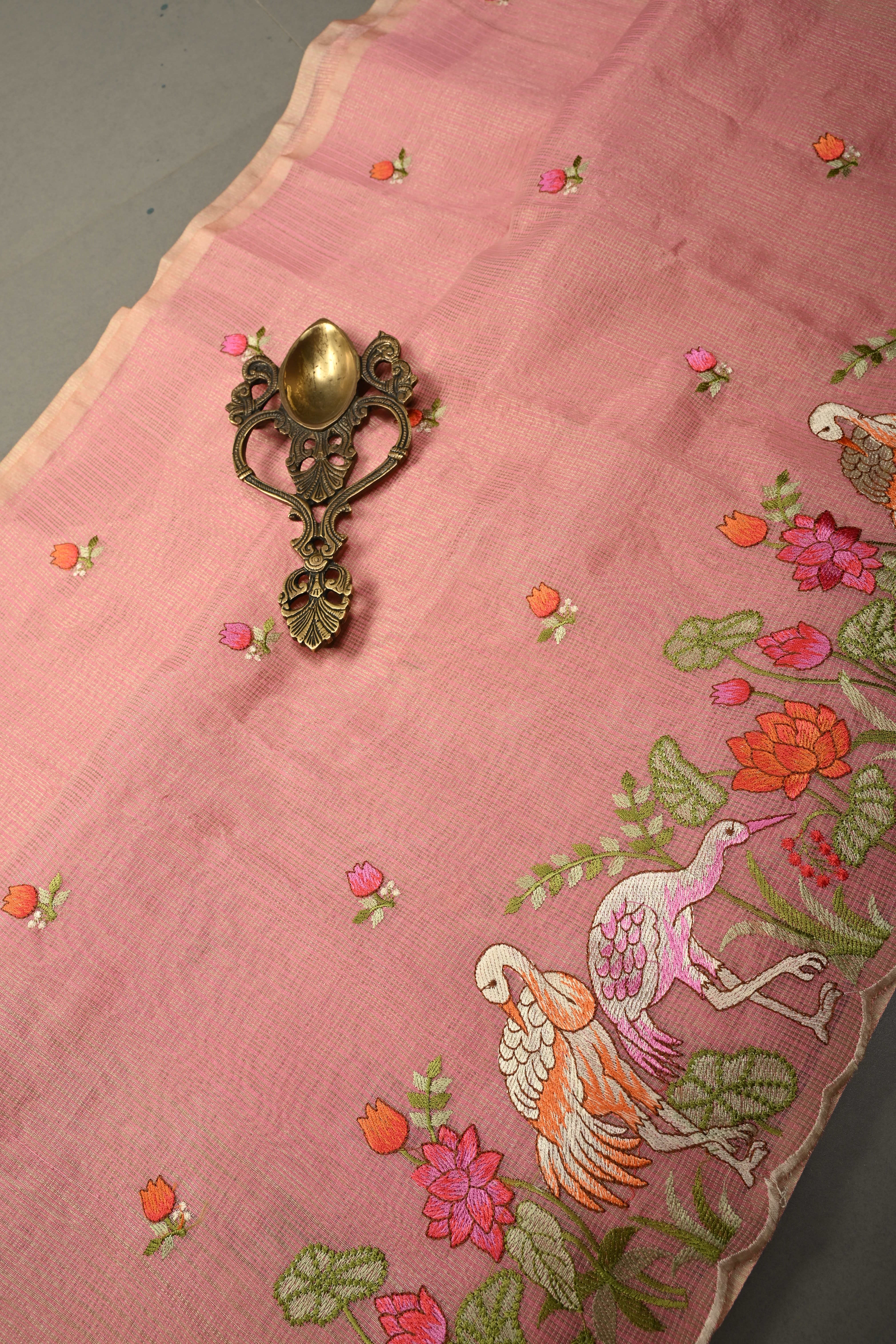 Rose Pink Meenakari Embroidery on Kota Doria Tissue Saree with Floral and Crane Scalloped Border