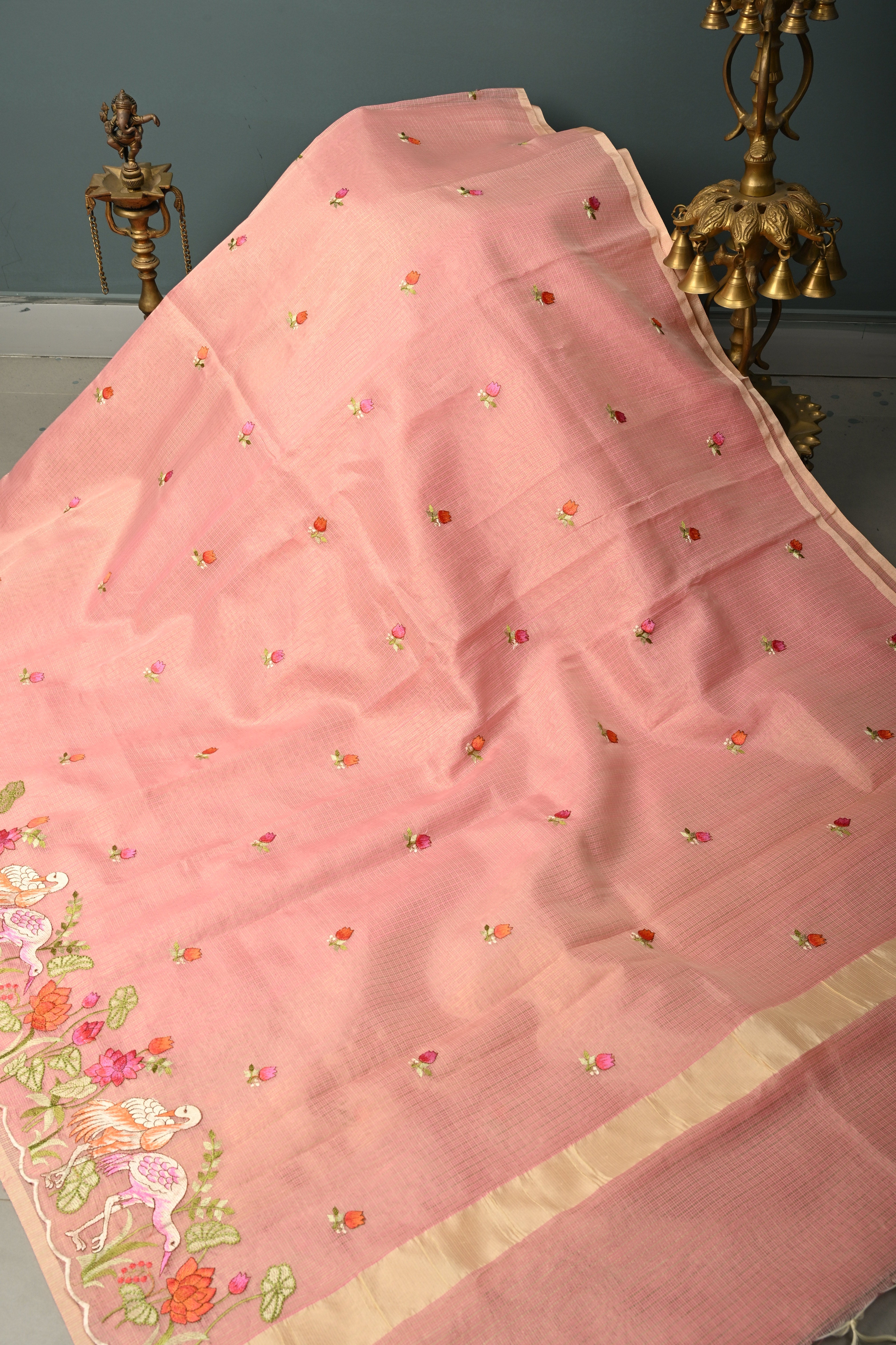 Rose Pink Meenakari Embroidery on Kota Doria Tissue Saree with Floral and Crane Scalloped Border