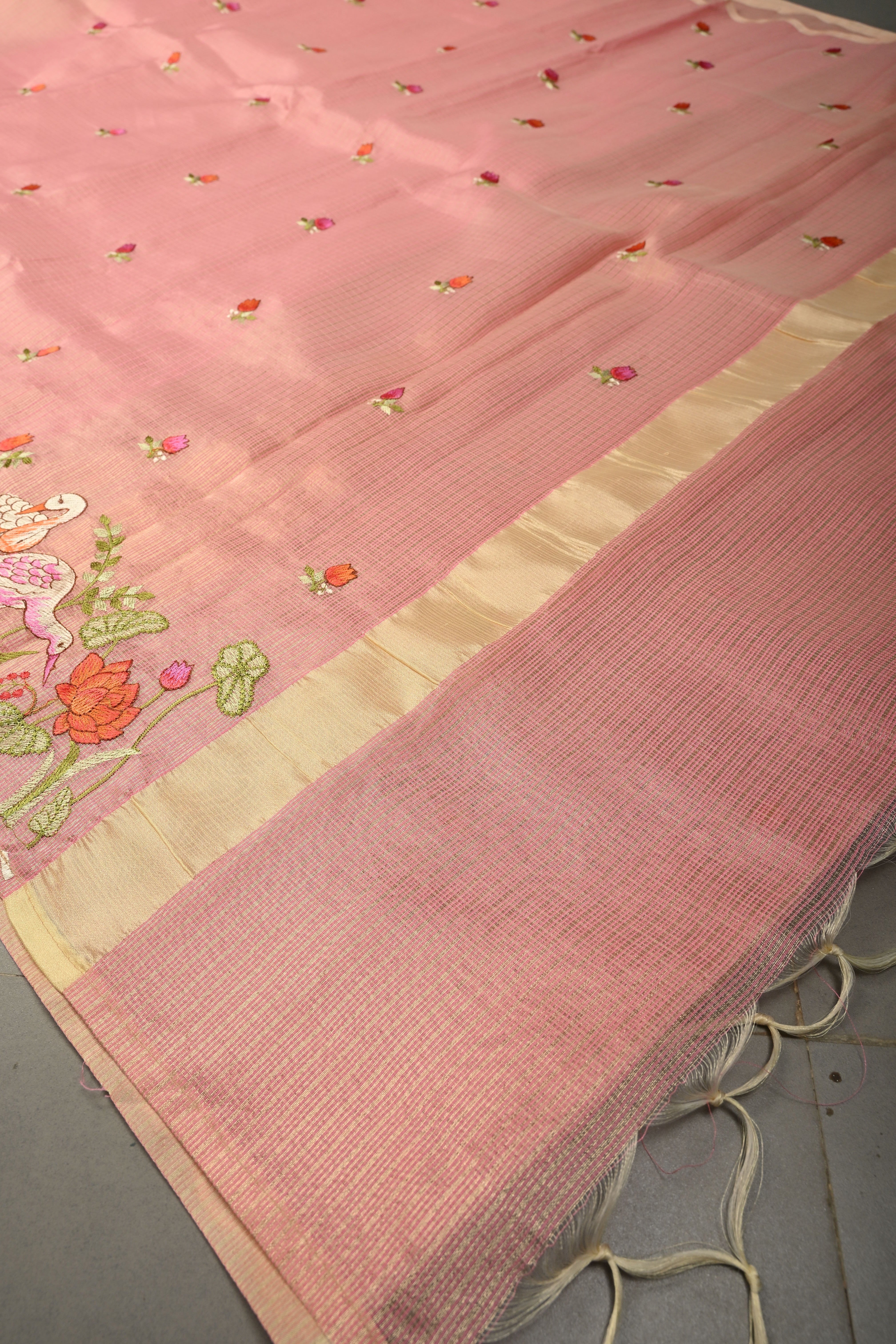 Rose Pink Meenakari Embroidery on Kota Doria Tissue Saree with Floral and Crane Scalloped Border | Shobitam