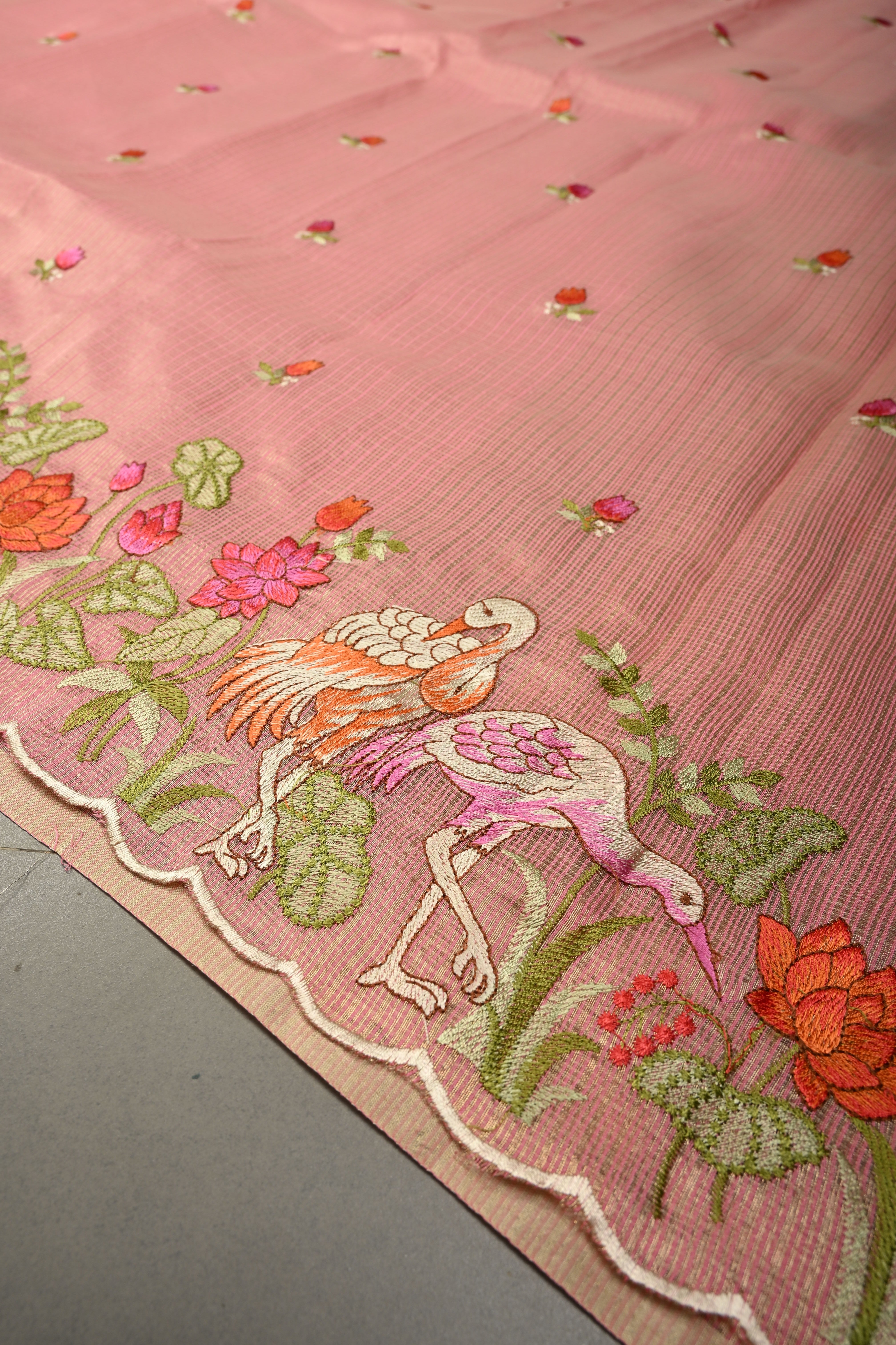 Rose Pink Meenakari Embroidery on Kota Doria Tissue Saree with Floral and Crane Scalloped Border | Shobitam