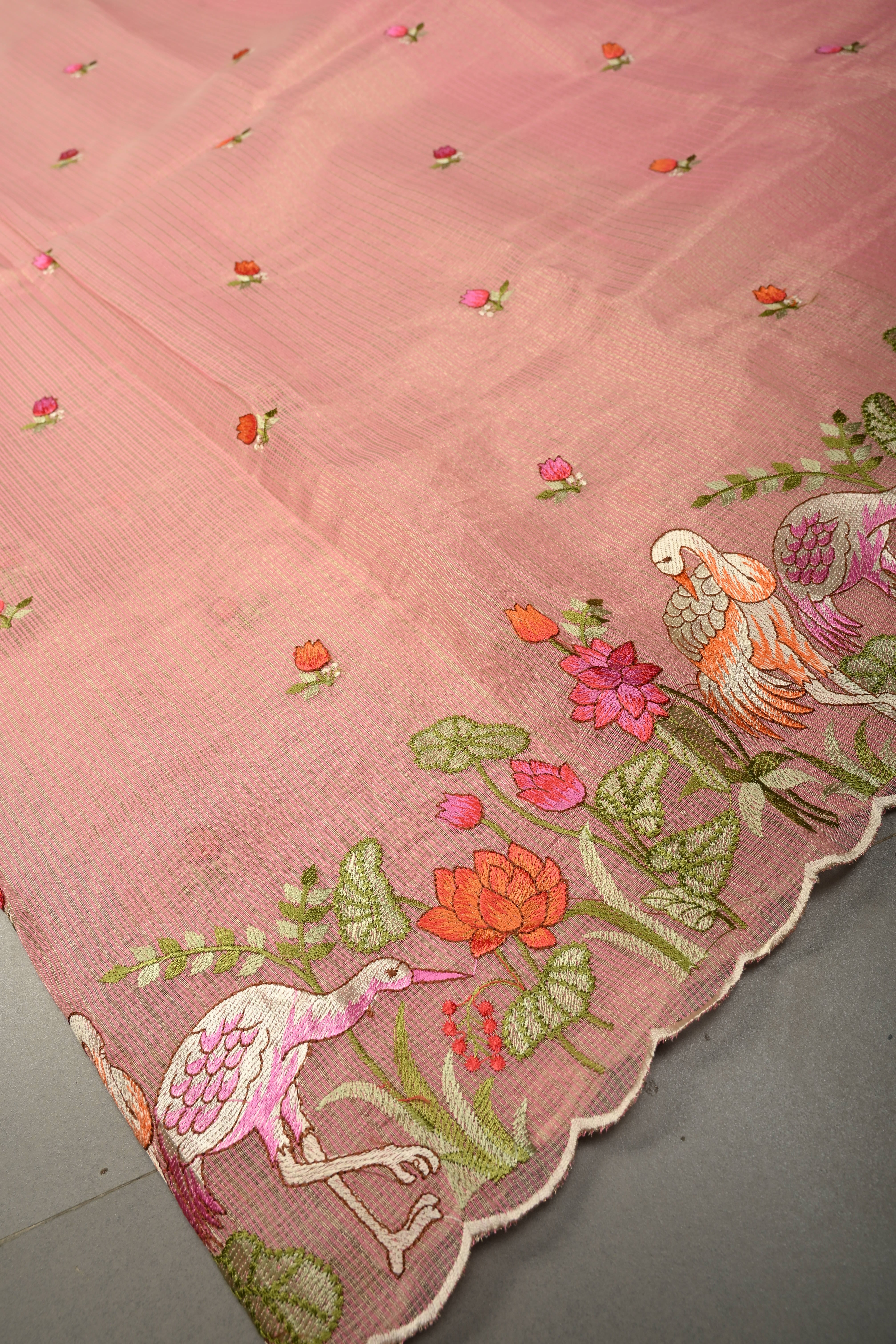 Rose Pink Meenakari Embroidery on Kota Doria Tissue Saree with Floral and Crane Scalloped Border | Shobitam