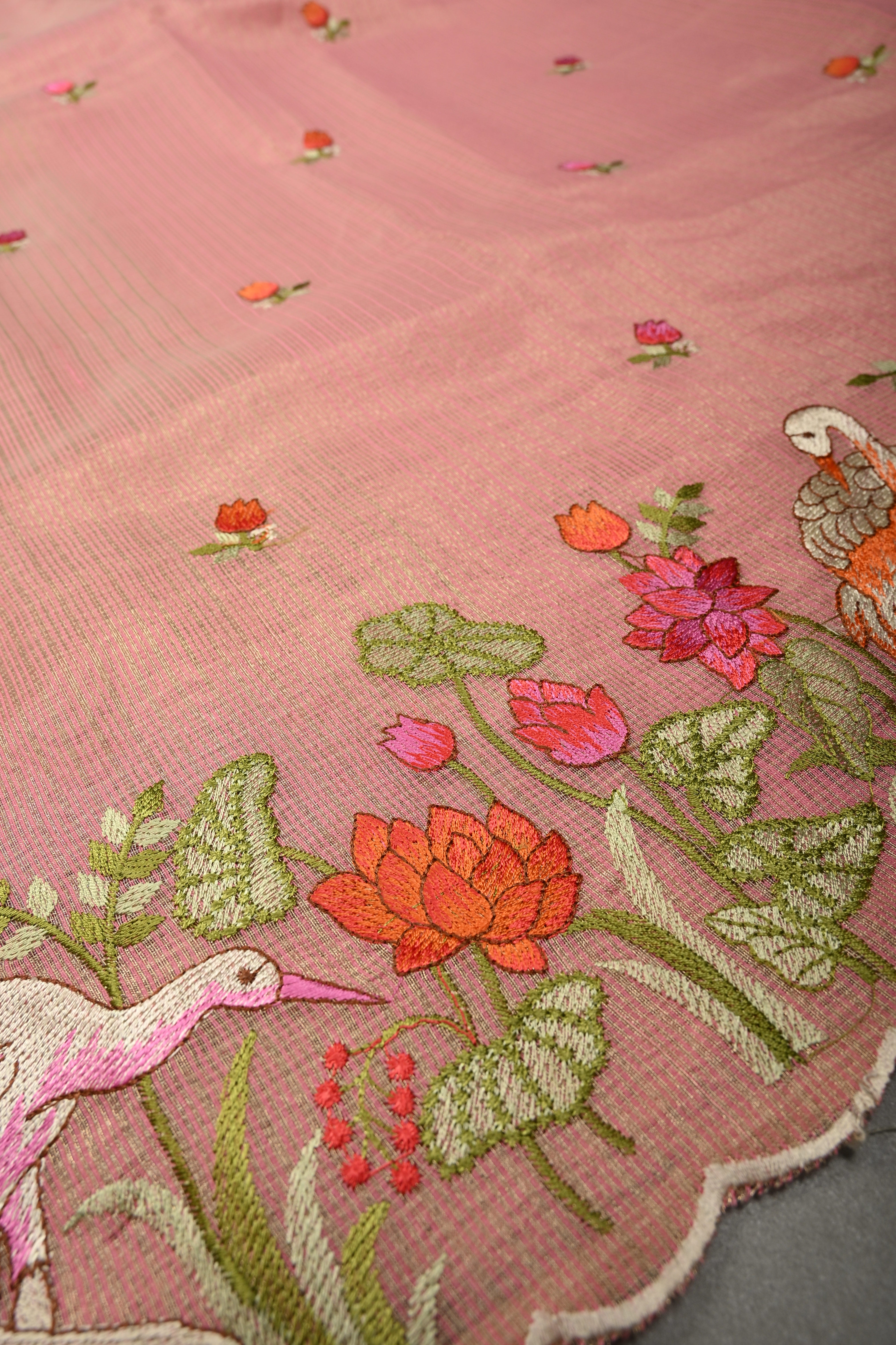 Rose Pink Meenakari Embroidery on Kota Doria Tissue Saree with Floral and Crane Scalloped Border | Shobitam