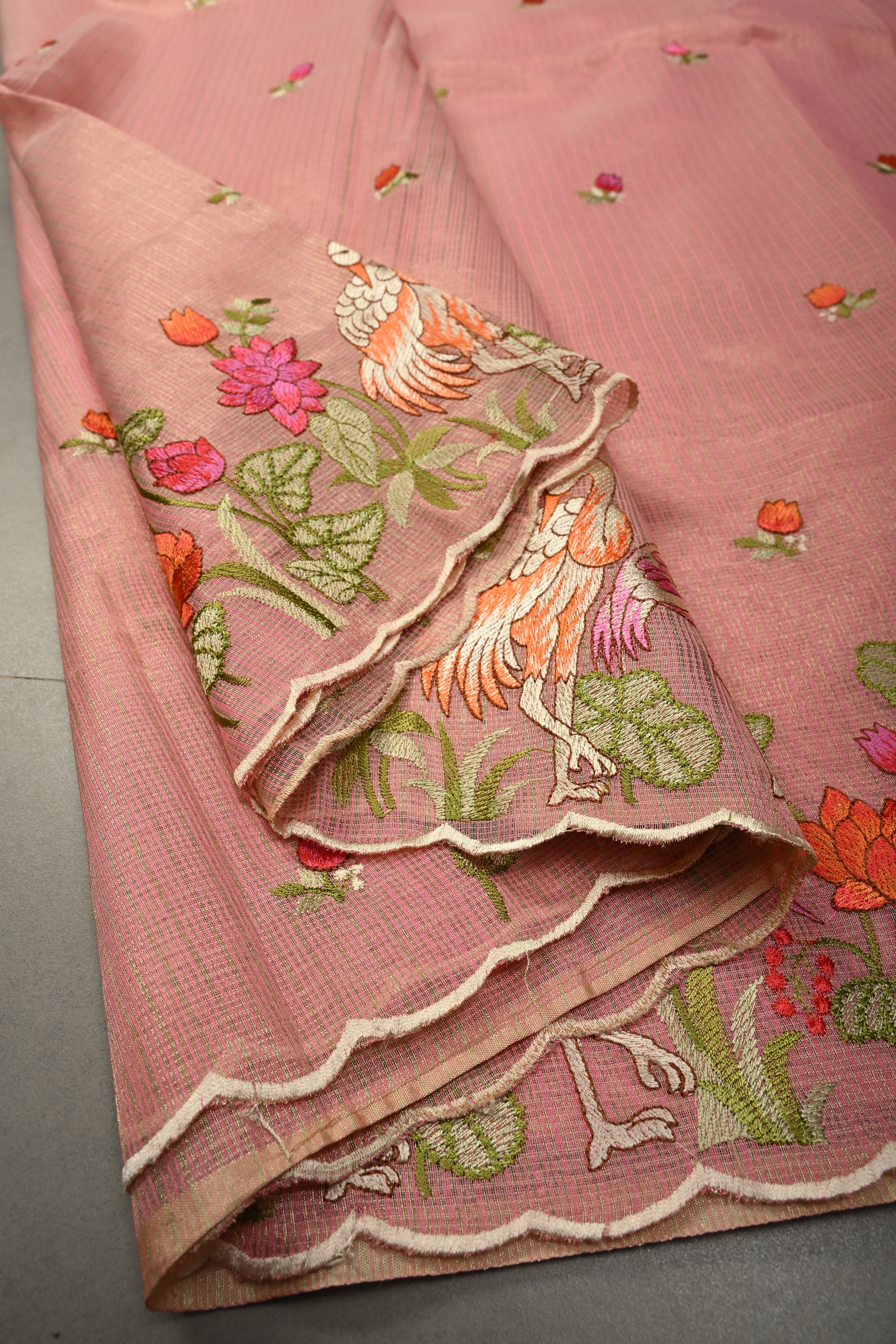 Rose Pink Meenakari Embroidery on Kota Doria Tissue Saree with Floral and Crane Scalloped Border | Shobitam
