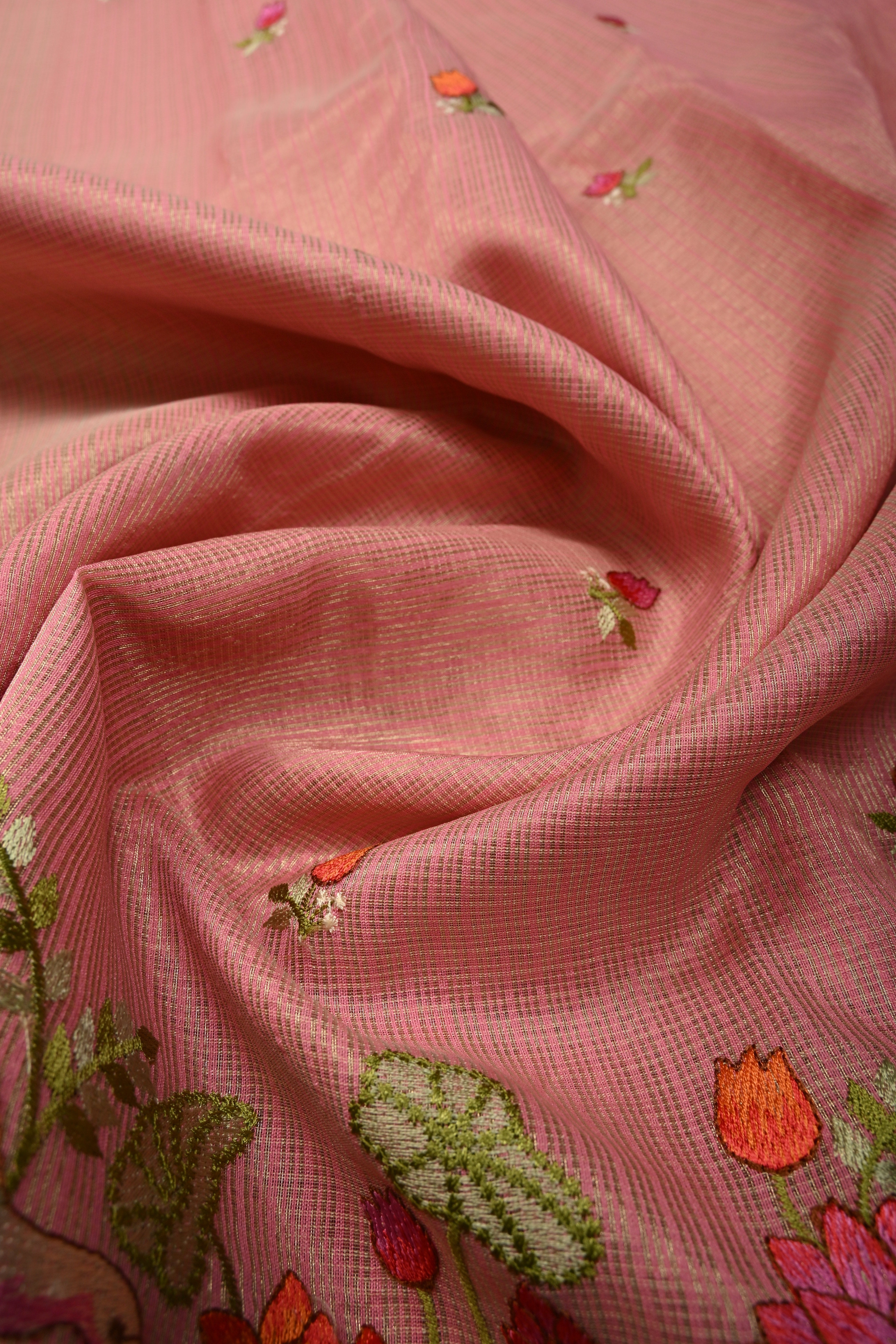 Rose Pink Meenakari Embroidery on Kota Doria Tissue Saree with Floral and Crane Scalloped Border | Shobitam