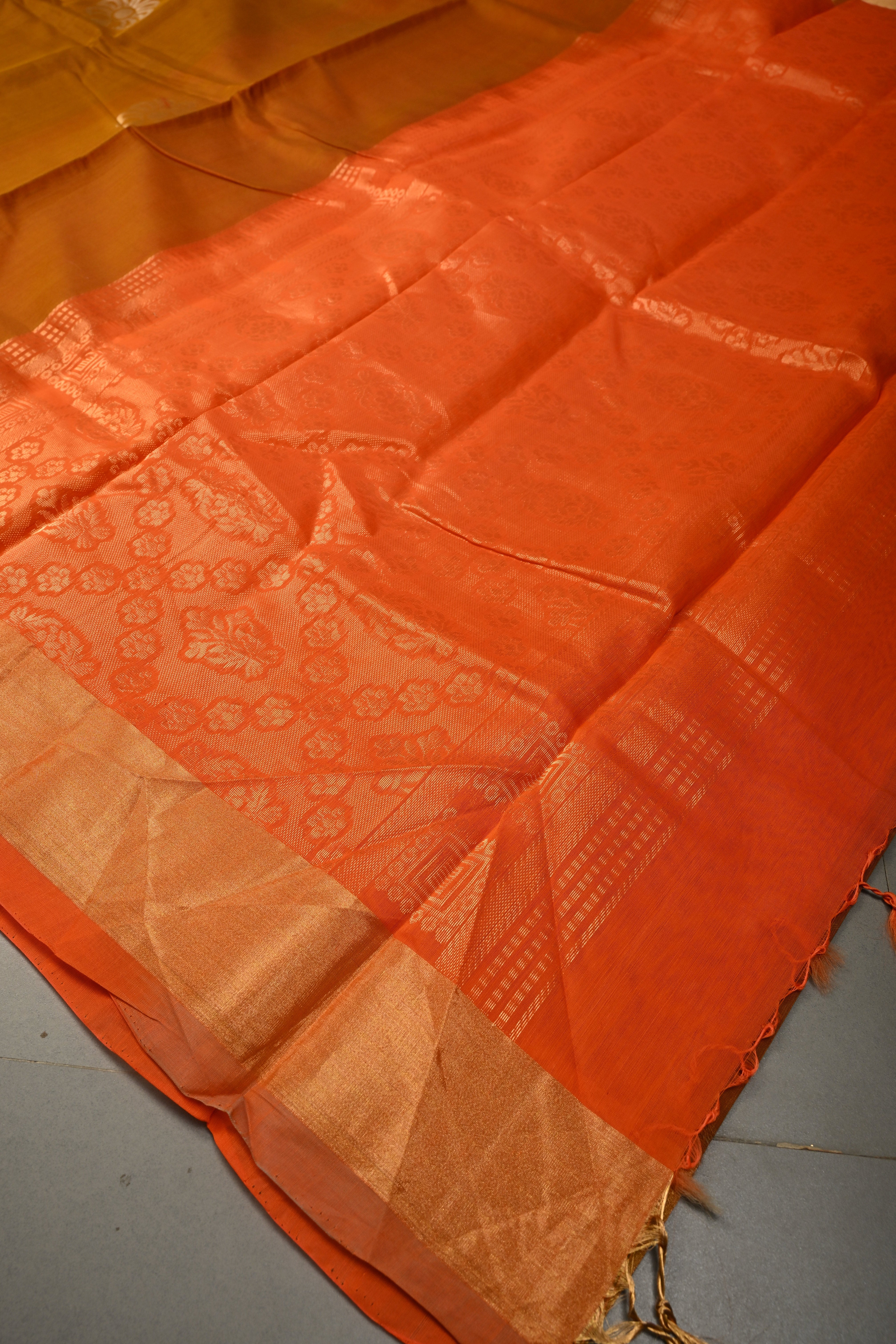 Brown Handwoven Maheswari Silk Cotton Saree with Floral Zari Buttas and Zari Border