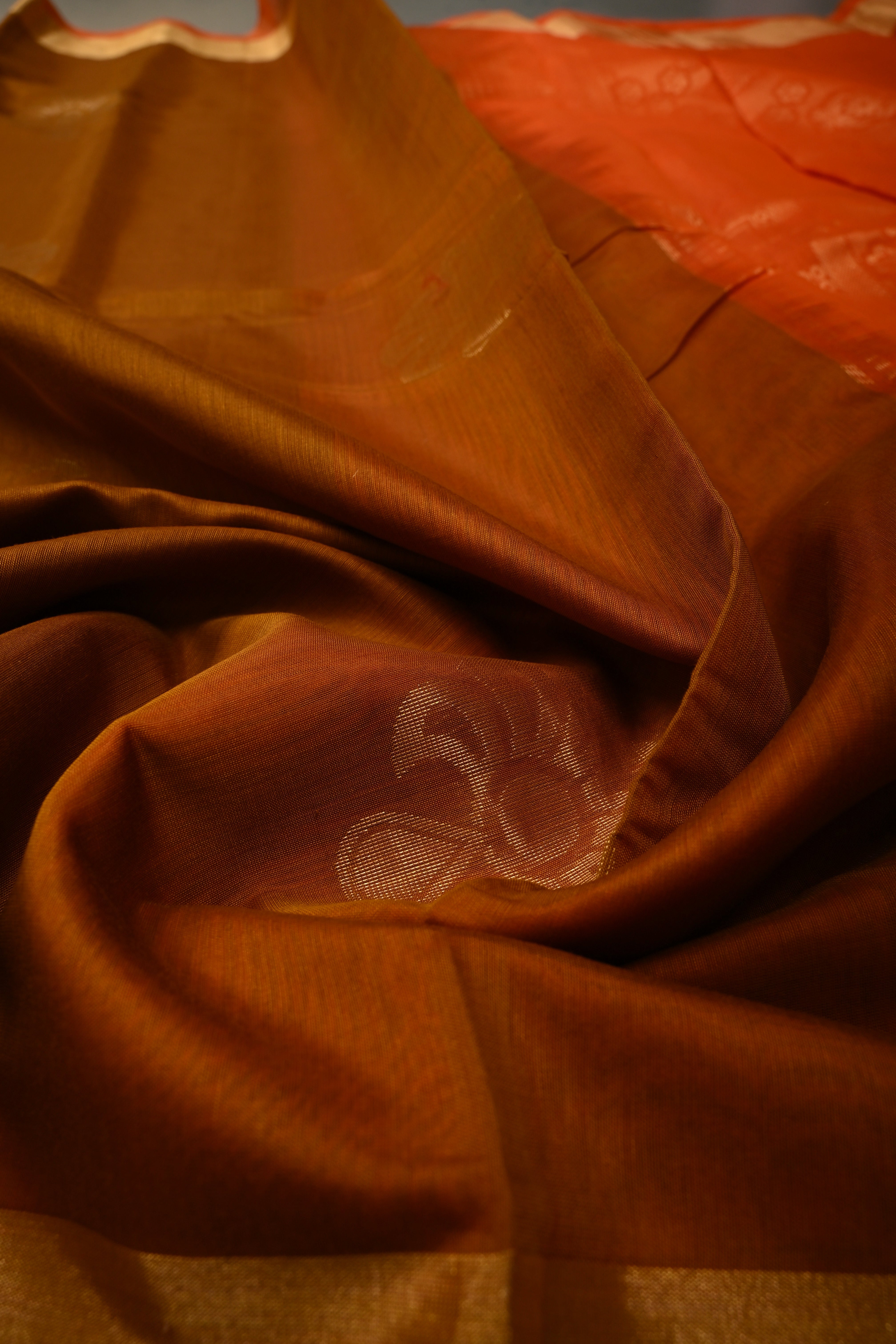 Brown Handwoven Maheswari Silk Cotton Saree with Floral Zari Buttas and Zari Border