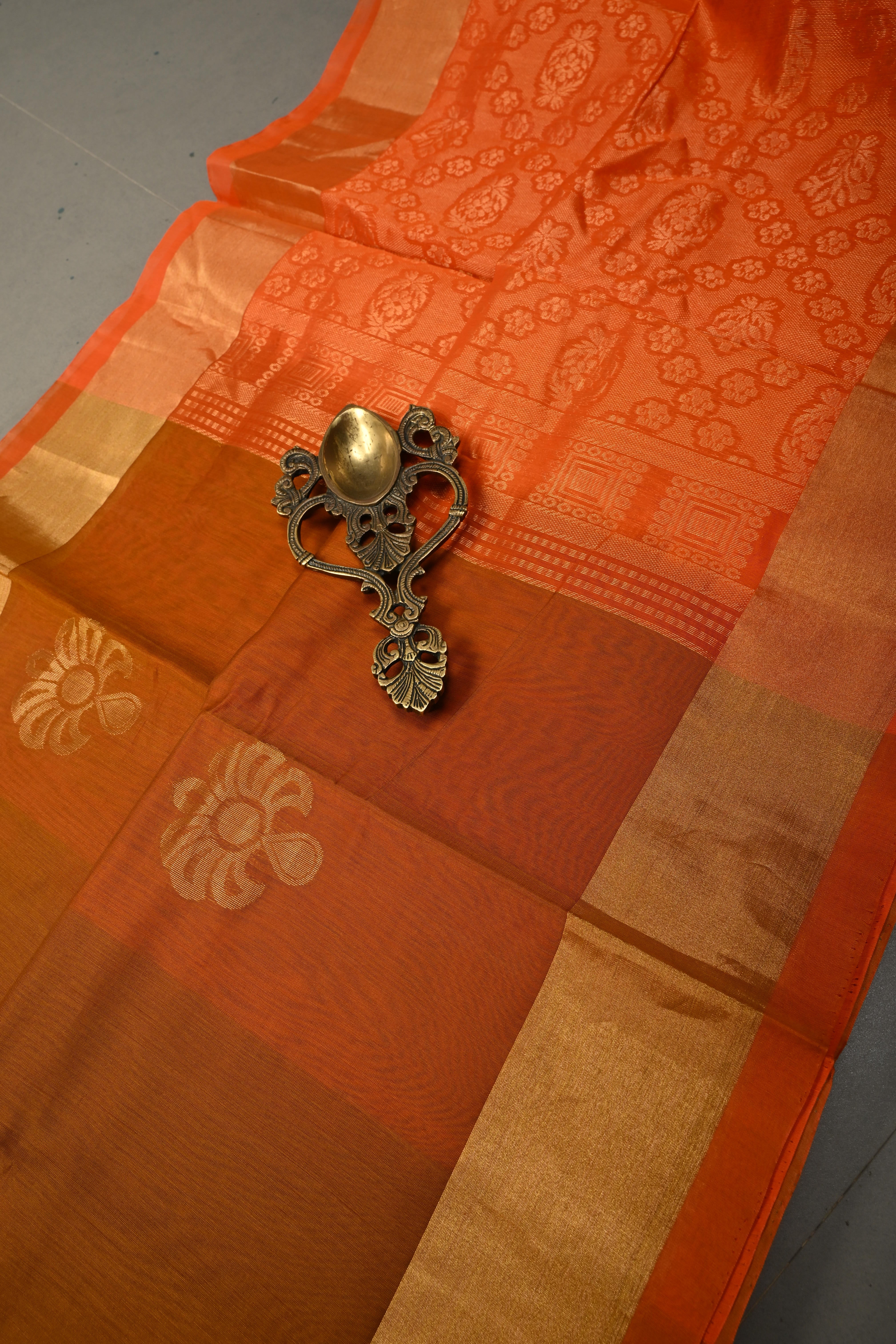 Brown Handwoven Maheswari Silk Cotton Saree with Floral Zari Buttas and Zari Border