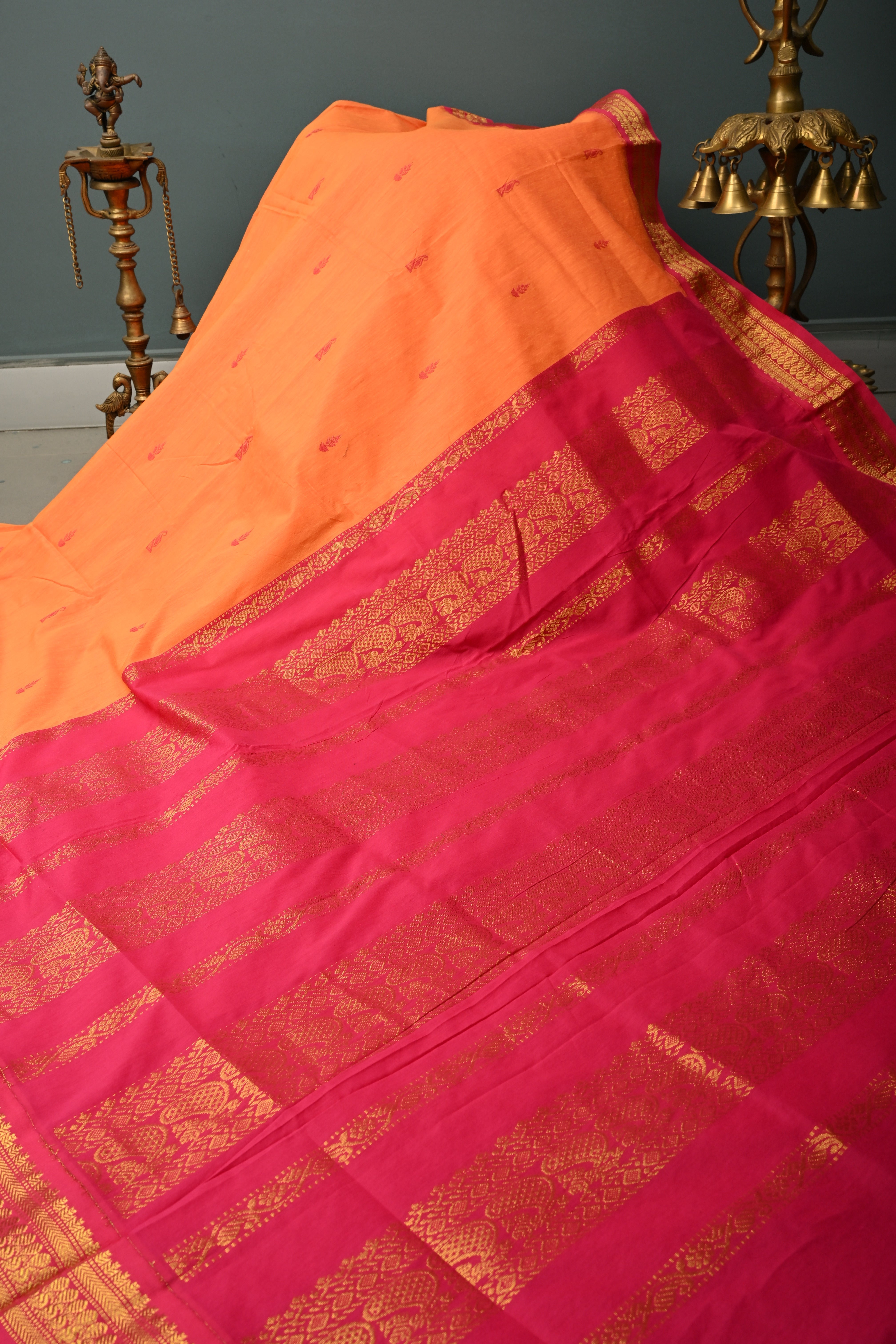 Kesari Orange Cotton Silk Saree with Thread Buttas and Contrast Zari Border