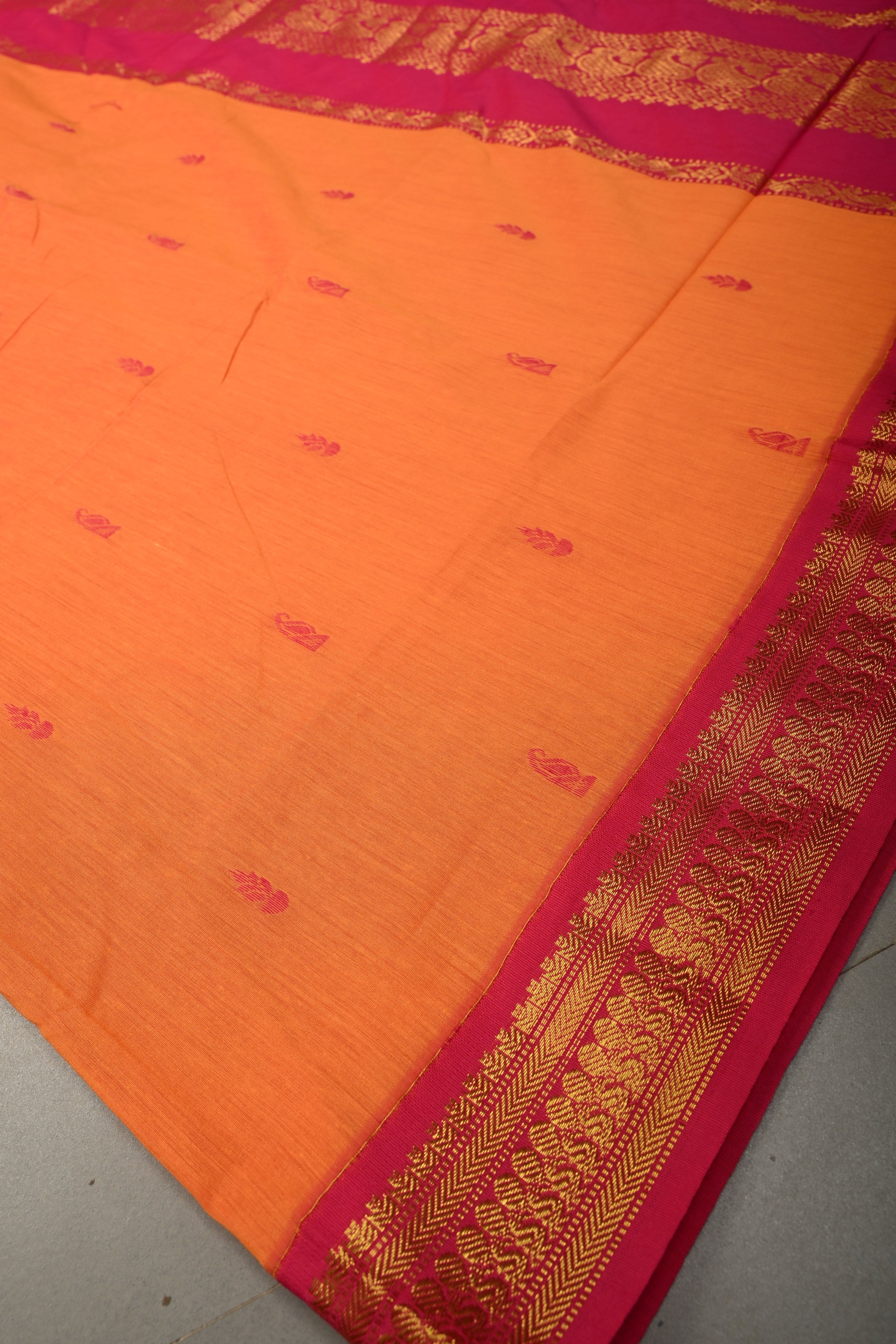 Kesari Orange Cotton Silk Saree with Thread Buttas and Contrast Zari Border