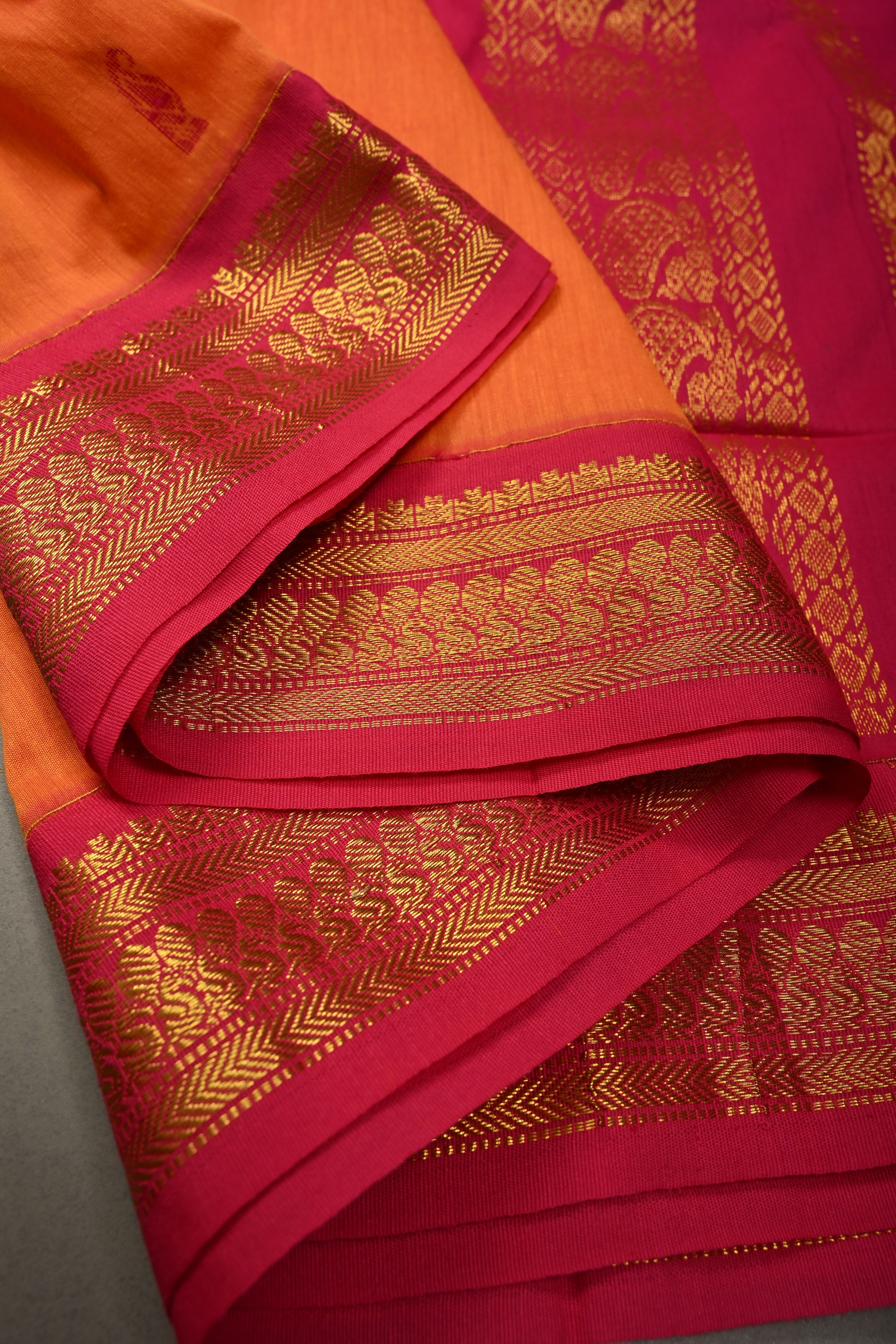 Kesari Orange Cotton Silk Saree with Thread Buttas and Contrast Zari Border
