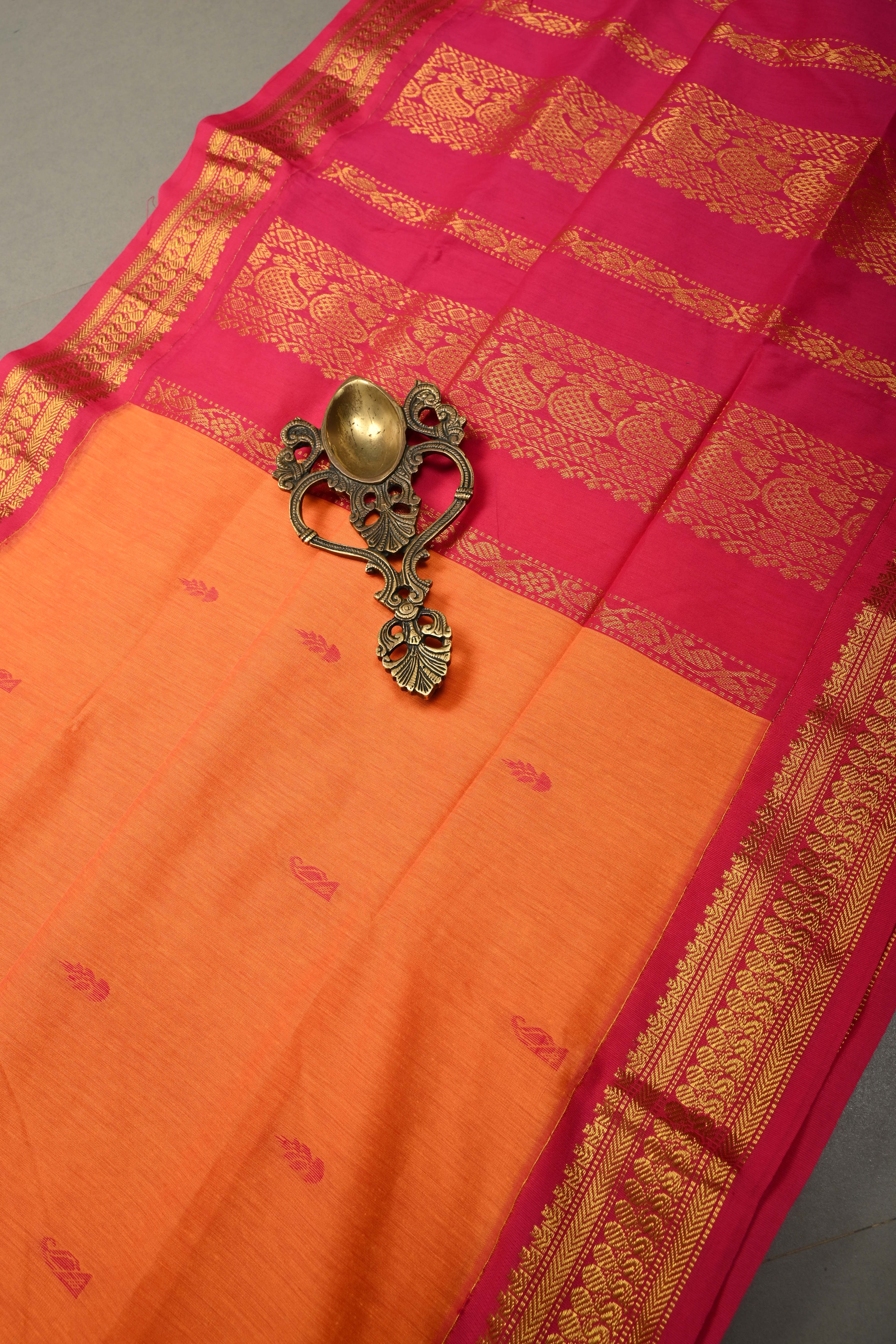 Kesari Orange Cotton Silk Saree with Thread Buttas and Contrast Zari Border