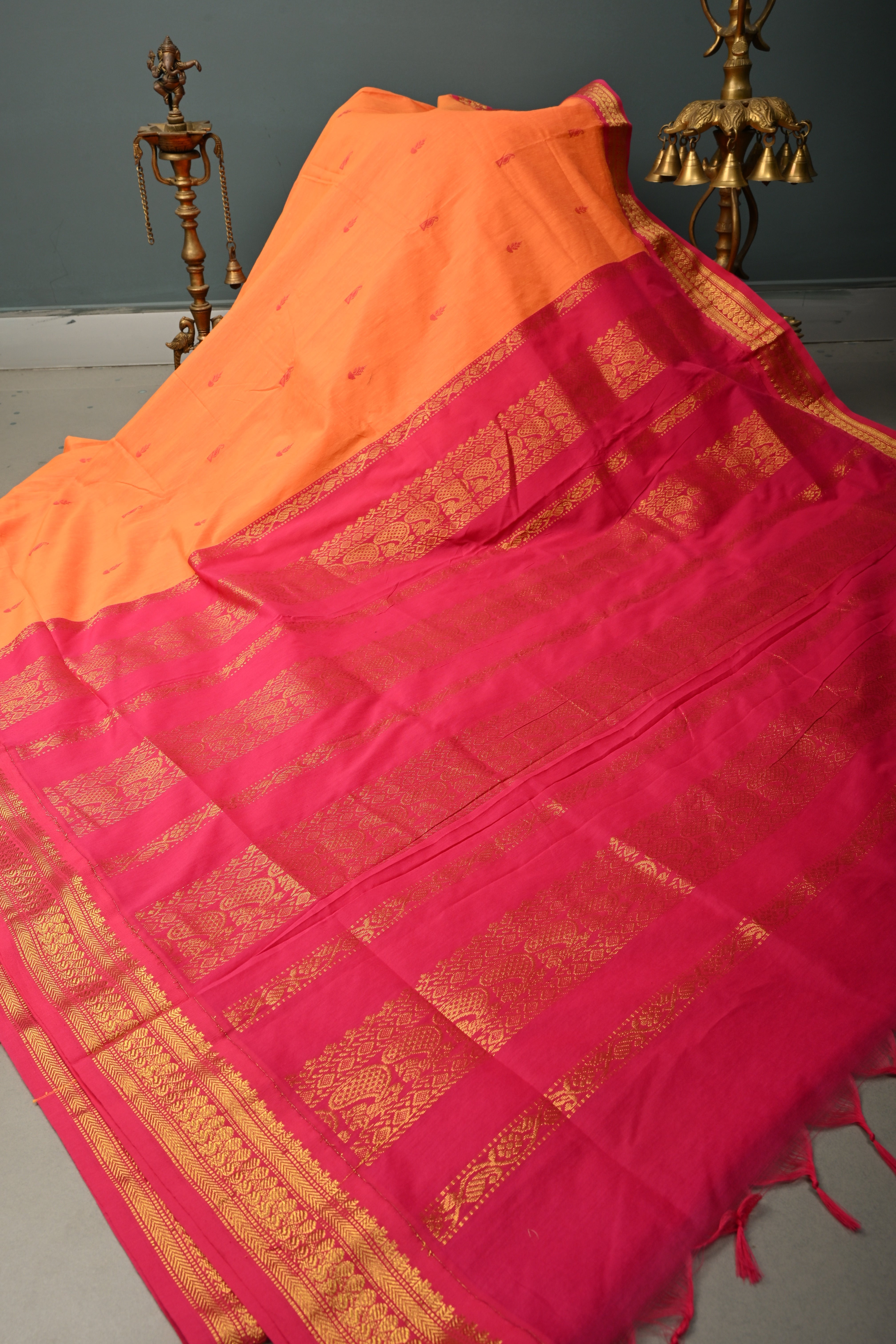 Kesari Orange Cotton Silk Saree with Thread Buttas and Contrast Zari Border